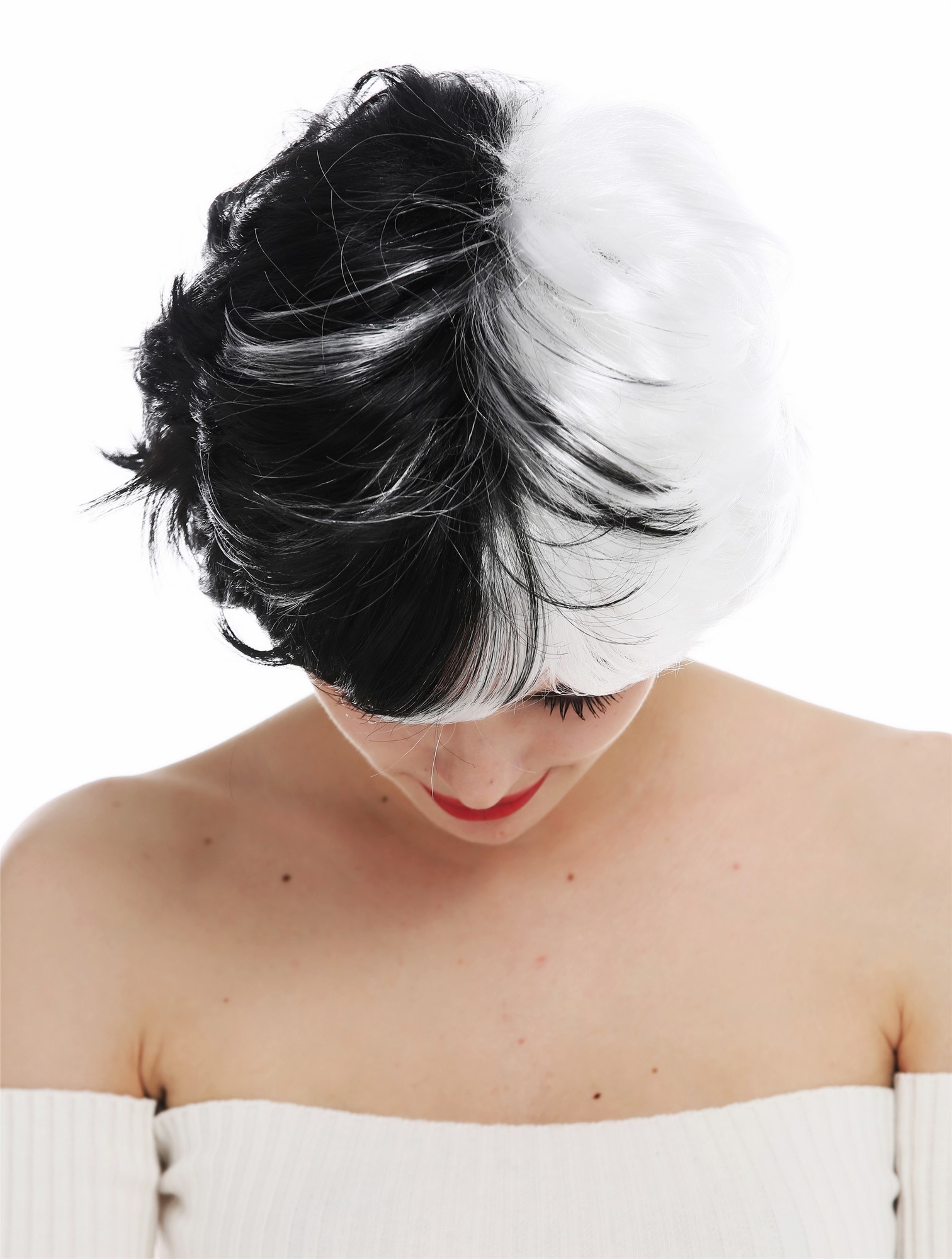 Wig carnival women short wild crazy black white half and half witch QSS-229 , view 5, WIG ME UP: Your Perücken Online Shop Party Wig, Ladies, deep black and white mix, wavy, short