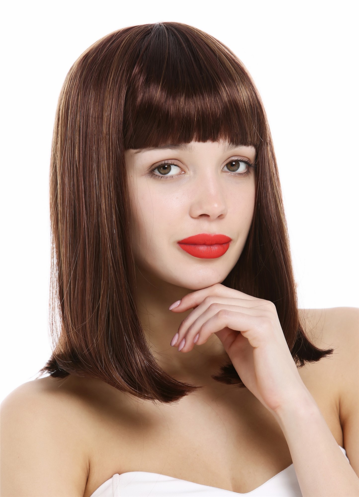 Longbob lady wig sleek femme fatale clavi cut bangs auburn streaked blond VK-39 , front view, WIG ME UP: Your Perücken Online Shop Quality Wigs, Ladies, brown-blonde mix, straight, shoulder-length