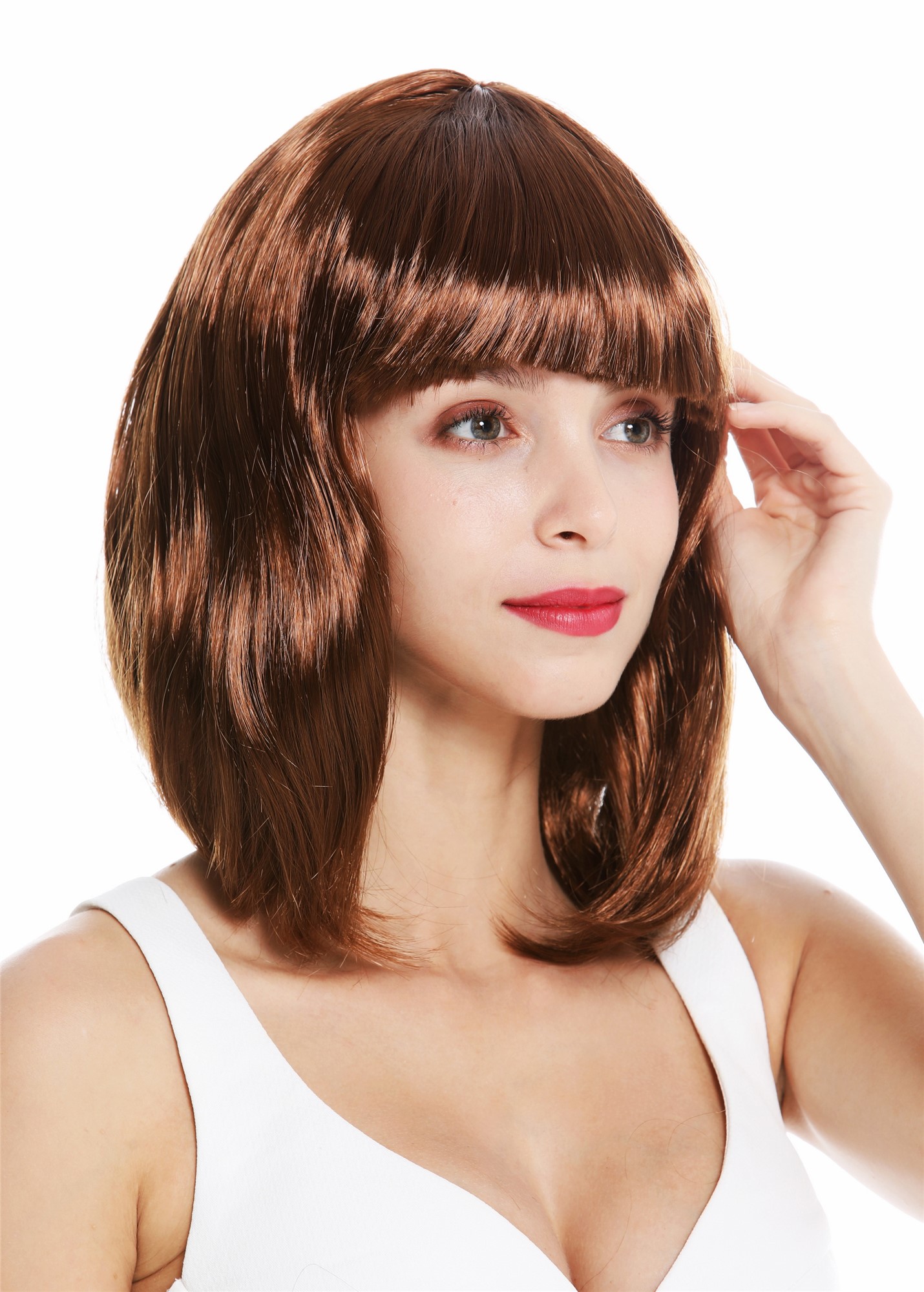Lady Wig Halloween Disco bob longbob shoulder length bangs golden brown 0073, front view, WIG ME UP: Your Perücken Online Shop Party Wig, Ladies, medium brown, straight, short