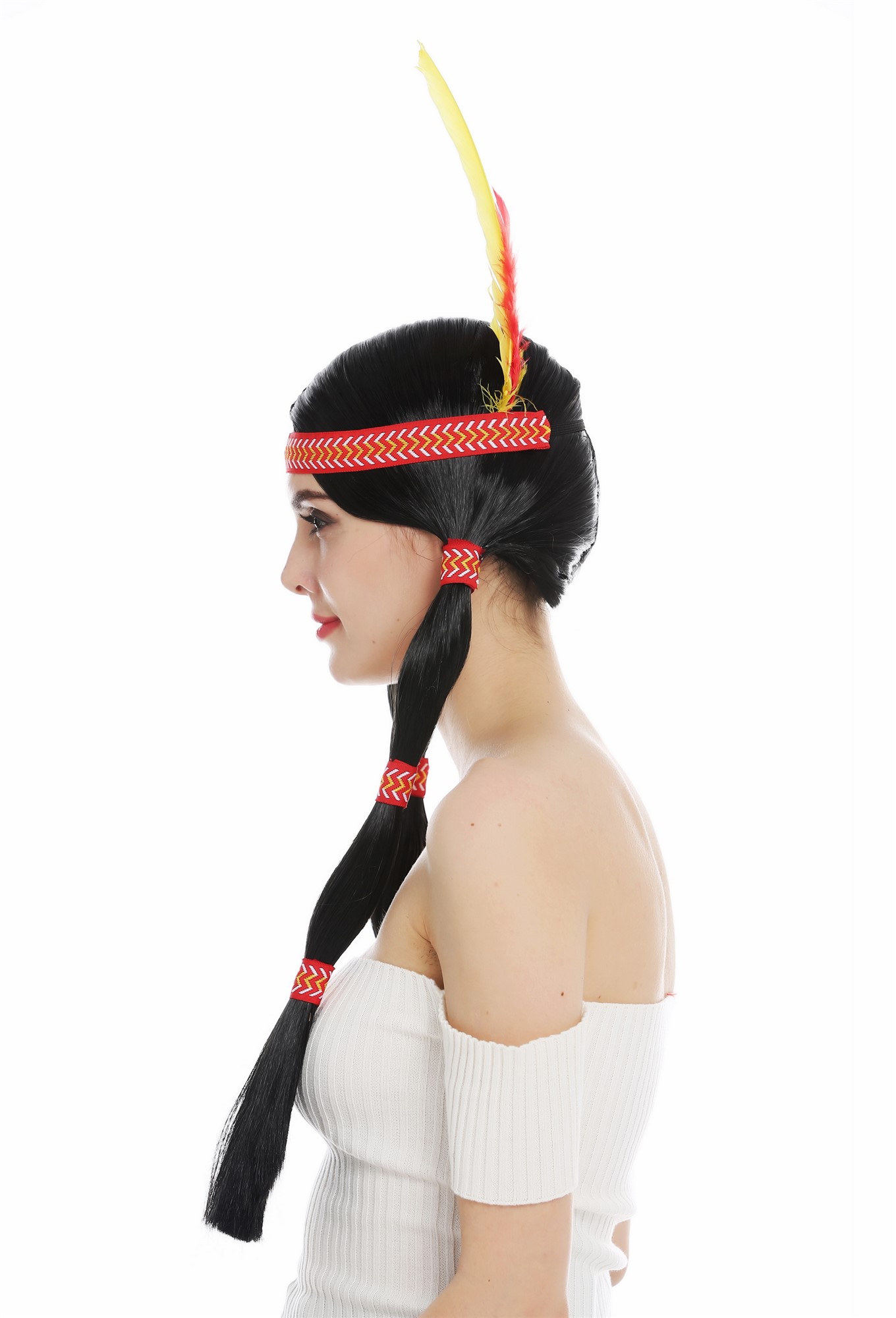 Women's wig Native American woman Wild West braids black head band feather 6081, view 3, WIG ME UP: Your Perücken Online Shop Party Wig, Ladies, pitch black, straight, long