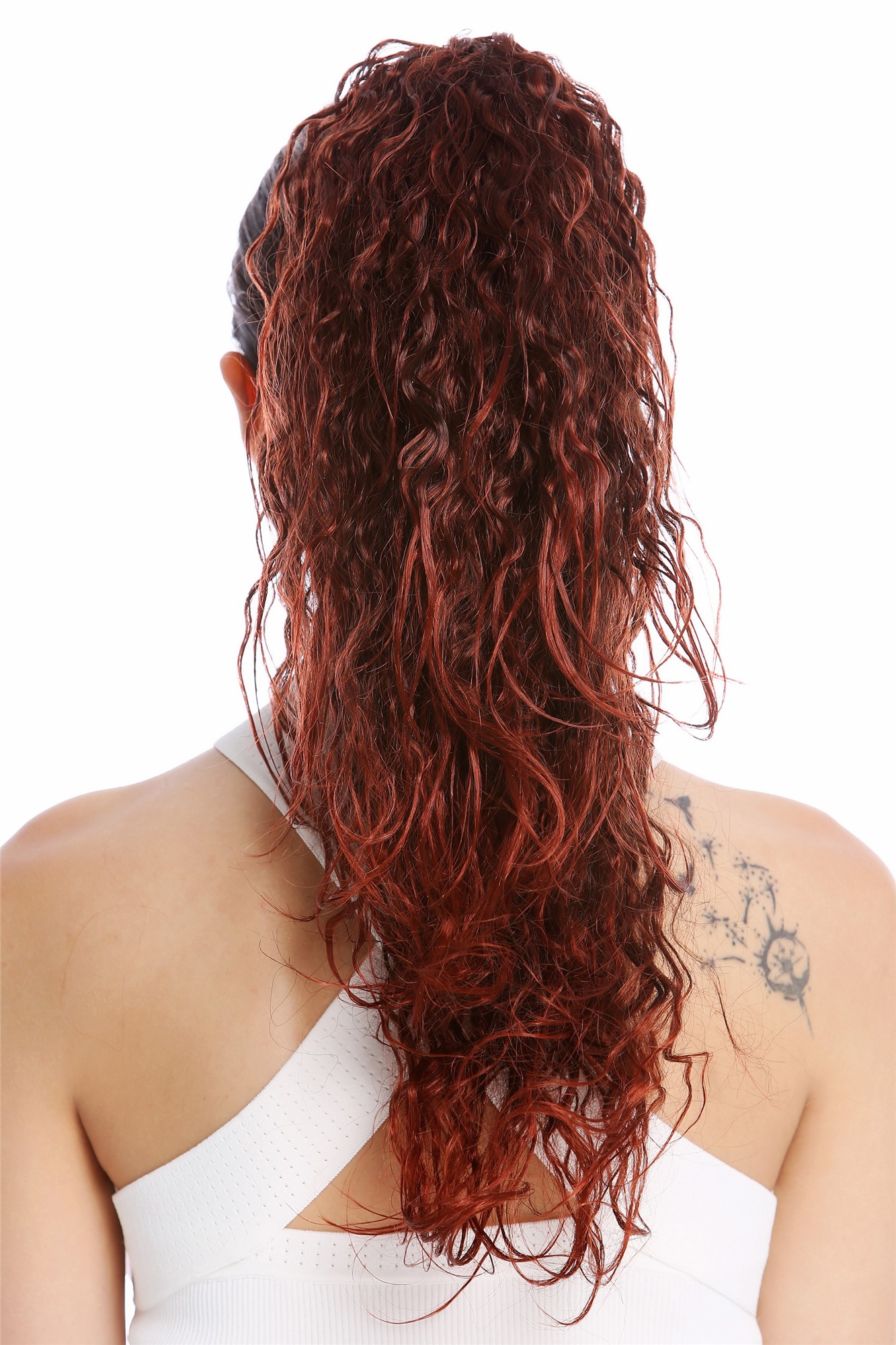 Ponytail very long voluminous curled dark brown with  red highlight tips 237-V, view 2, WIG ME UP: Your Perücken Online Shop Ponytails, brown-red mix, wavy, long