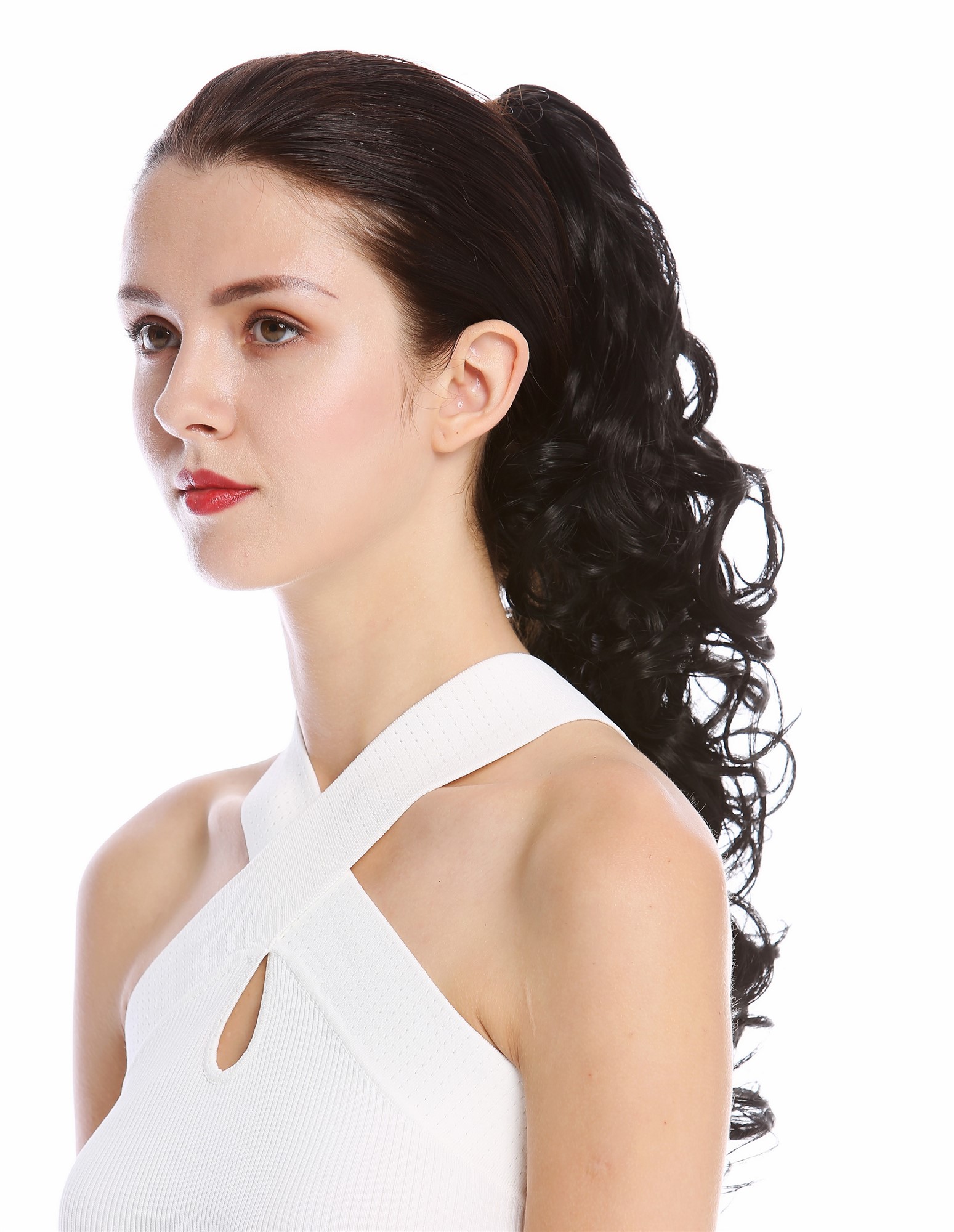 hochwertiger Zopf Pferdeschwanz lockig lang voluminös Schwarz Tiefschwarz N956-V-1, Ansicht 3, WIG ME UP: Ihr Perücken Online Shop glattes Zopf-Haarteil Schwarz 50 cm lang