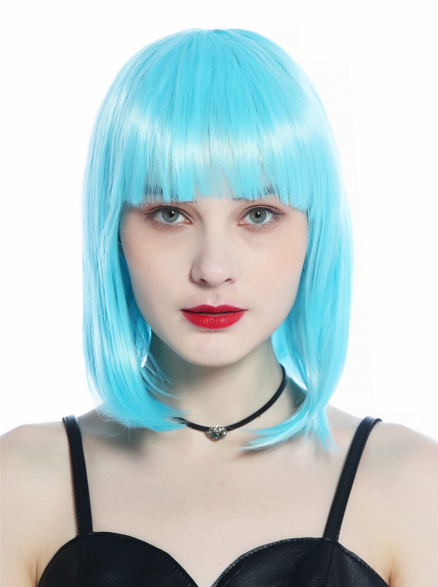 Wig Ladies Women Halloween Carnival short smooth longbob bangs light blue CW-052, view 2, WIG ME UP: Your Perücken Online Shop Party Wig, Ladies, baby blue, straight, short