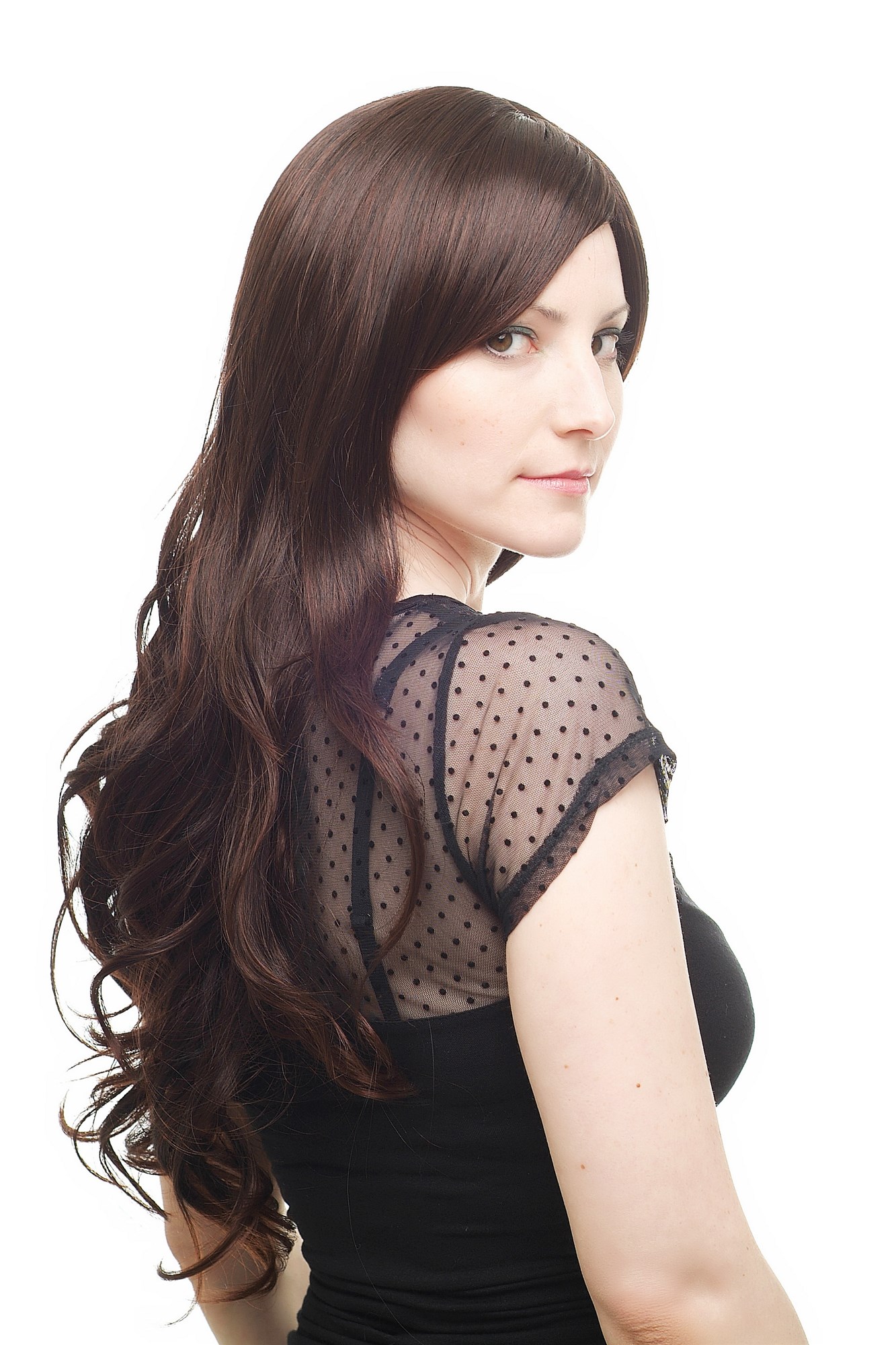 Lady wig straight curling wavy ends mahogany brown long fringe parted side H9117, view 5, WIG ME UP: Your Perücken Online Shop Quality Wigs, Ladies, Brown, wavy, long