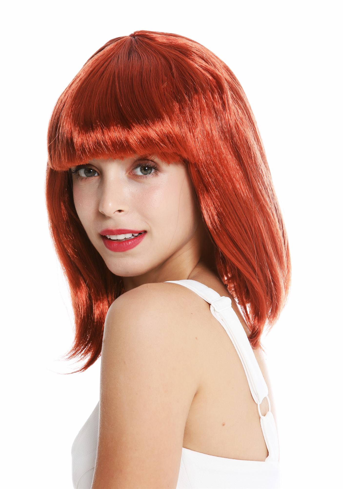 Lady Wig Halloween Disco bob longbob shoulder length bangs dark copper red 0073, view 3, WIG ME UP: Your Perücken Online Shop Party Wig, Ladies, dark copper red, straight, short