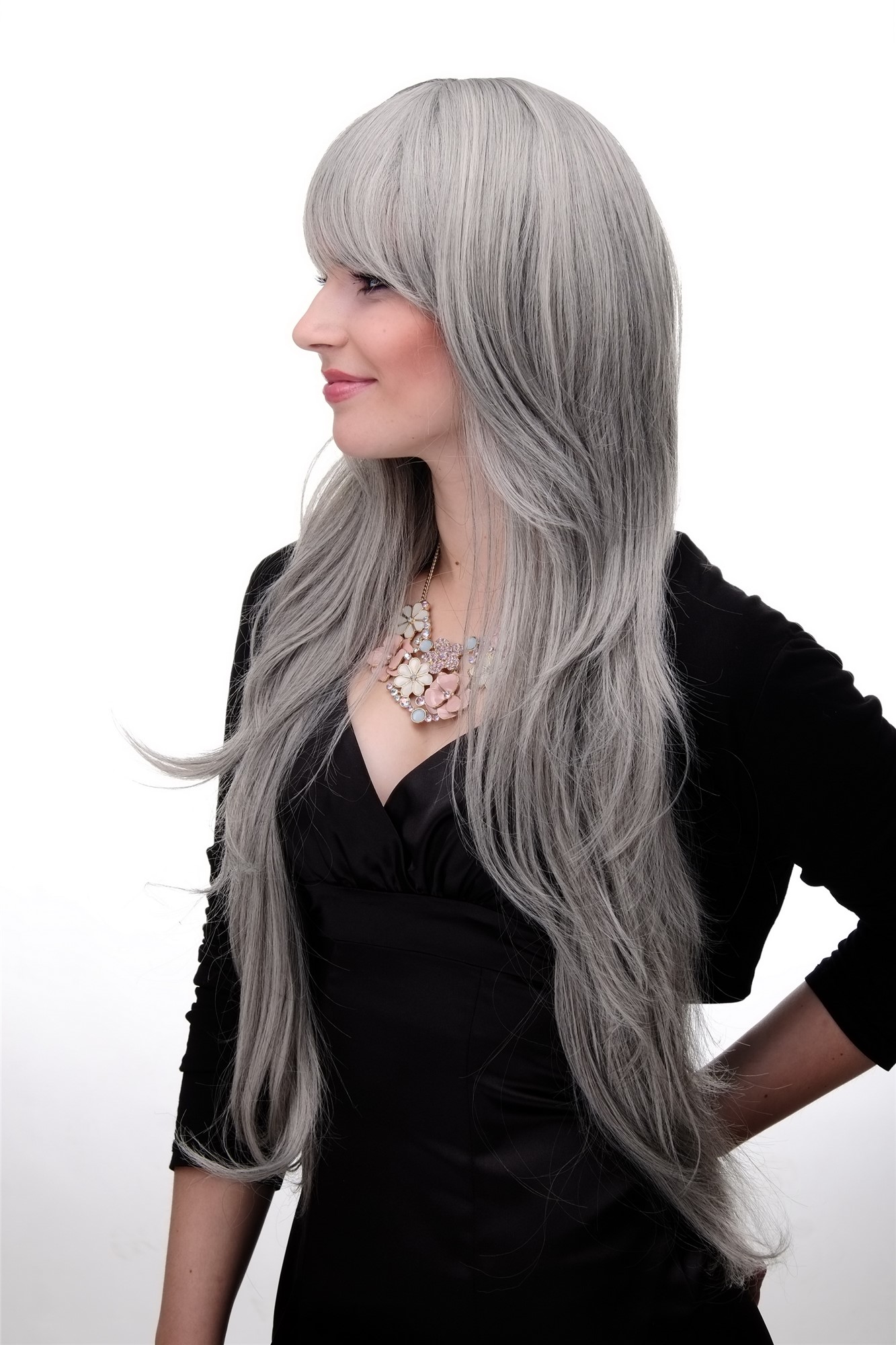 hochwertige Qualitätsperücken, Lange natürliche Damen Perücke gewellt Grau Hellgrau-Mix 6311-51, Ansicht 2, WIG ME UP: Ihr Perücken Online Shop wellige Tressen-Perücke mit Kopfhaut-Imitat Grau sehr lange Haare für Damen