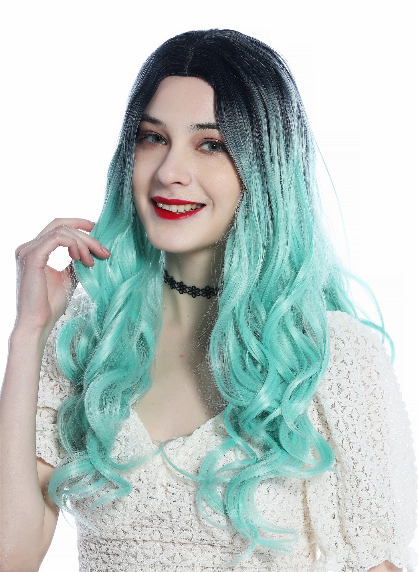 hochwertige Qualitätsperücken, Perücke lang Mittelscheitel gelockt Locken Ombre Schwarz Mintgrün SZL0829-T-006, Ansicht 2, WIG ME UP: Ihr Perücken Online Shop lockige Tressen-Perücke mit Kopfhaut-Imitat Blauschwarz-Mintgrün-Verlauf lange Haare für Damen