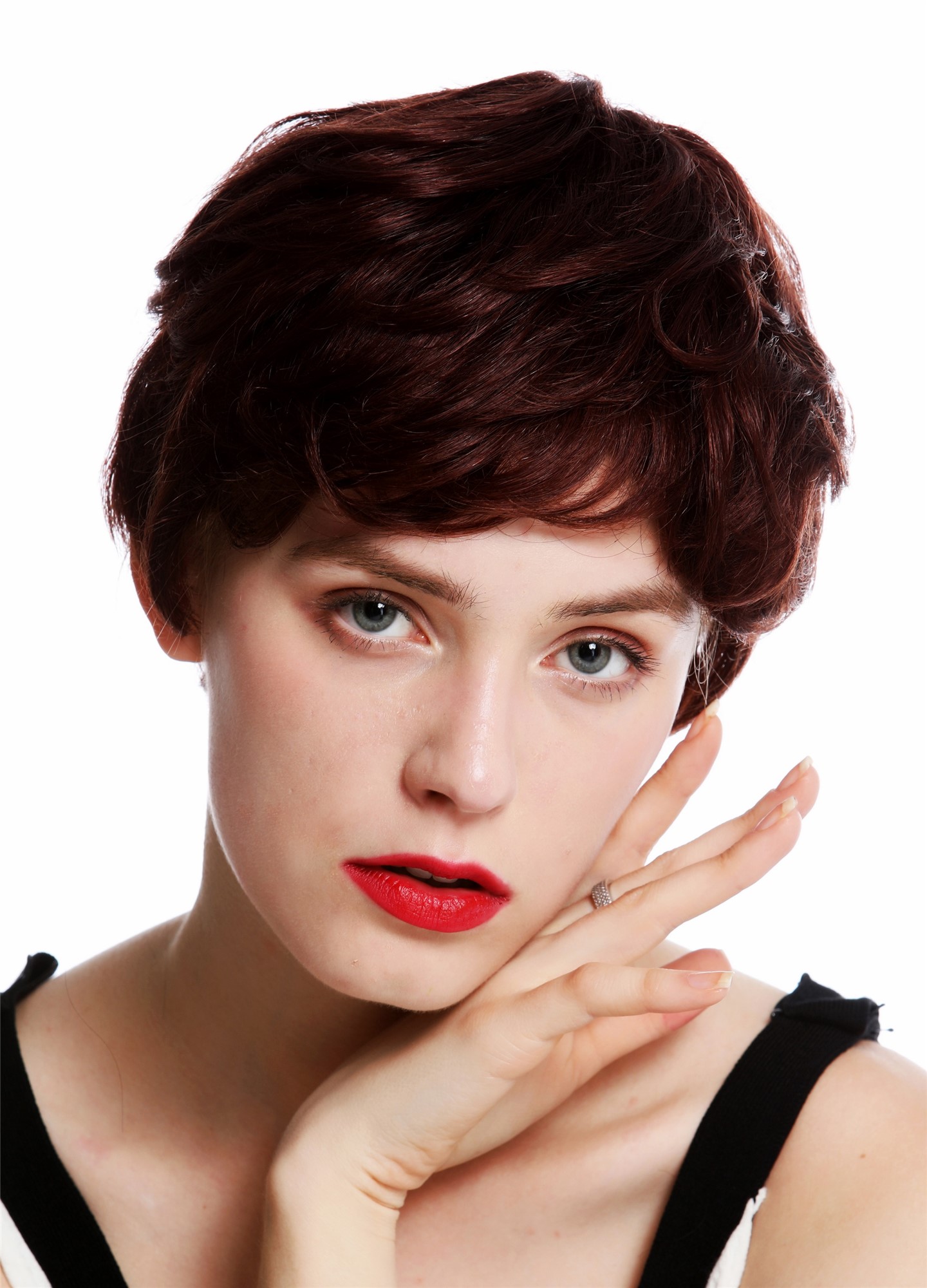 hochwertige Qualitätsperücken, Perücke Echthaar Kurz Mahagoni Braun VK-56-HH-33, Vorderansicht, WIG ME UP: Ihr Perücken Online Shop wellige Tressen-Perücke Echthaar Braun kurze Haare für Damen