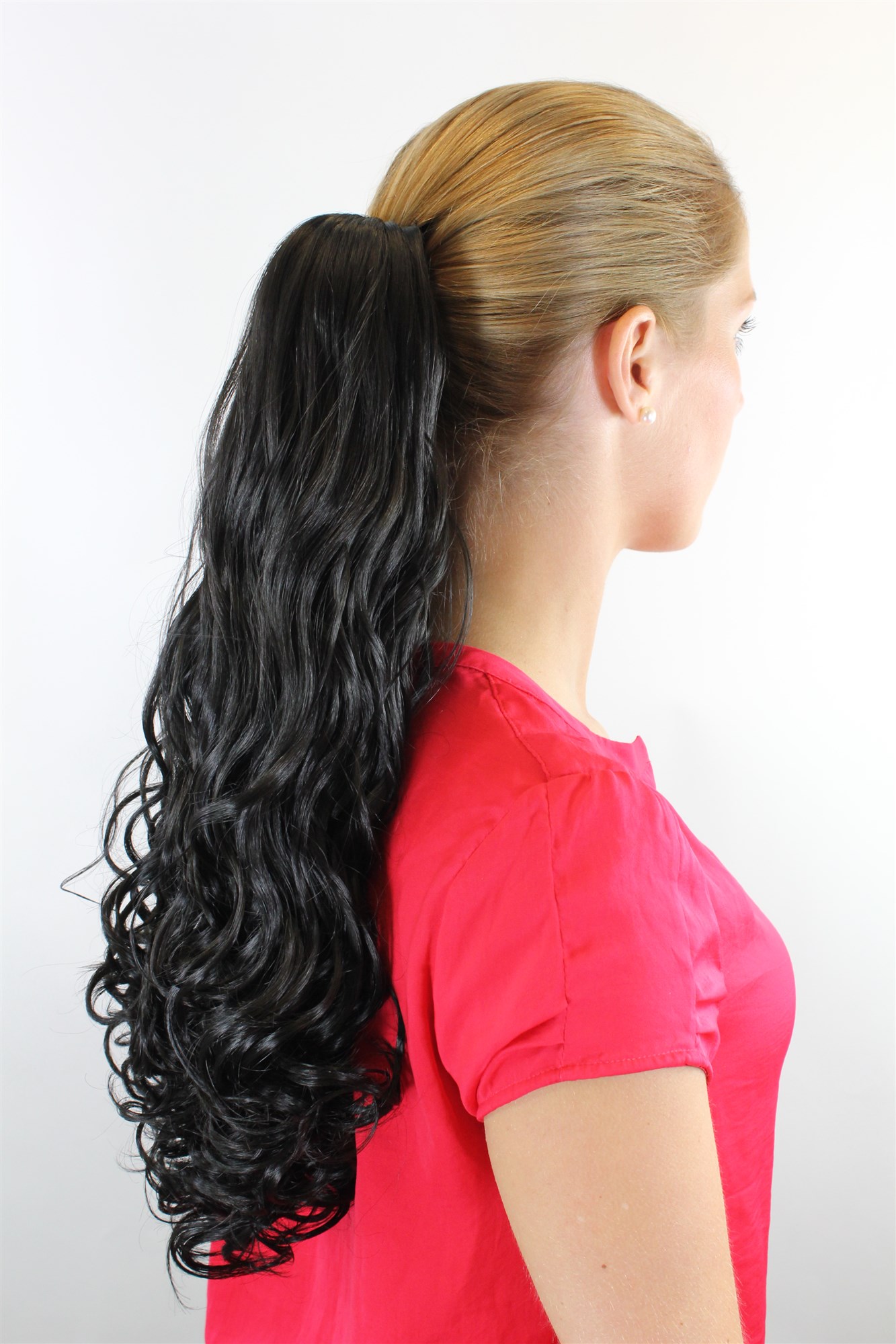 hochwertiges Haarteil schwarz lockig Butterfly-Clip Extension JL-4012-1B, Ansicht 2, WIG ME UP: Ihr Perücken Online Shop lockiges Zopf-Haarteil Samtschwarz 50 cm lang