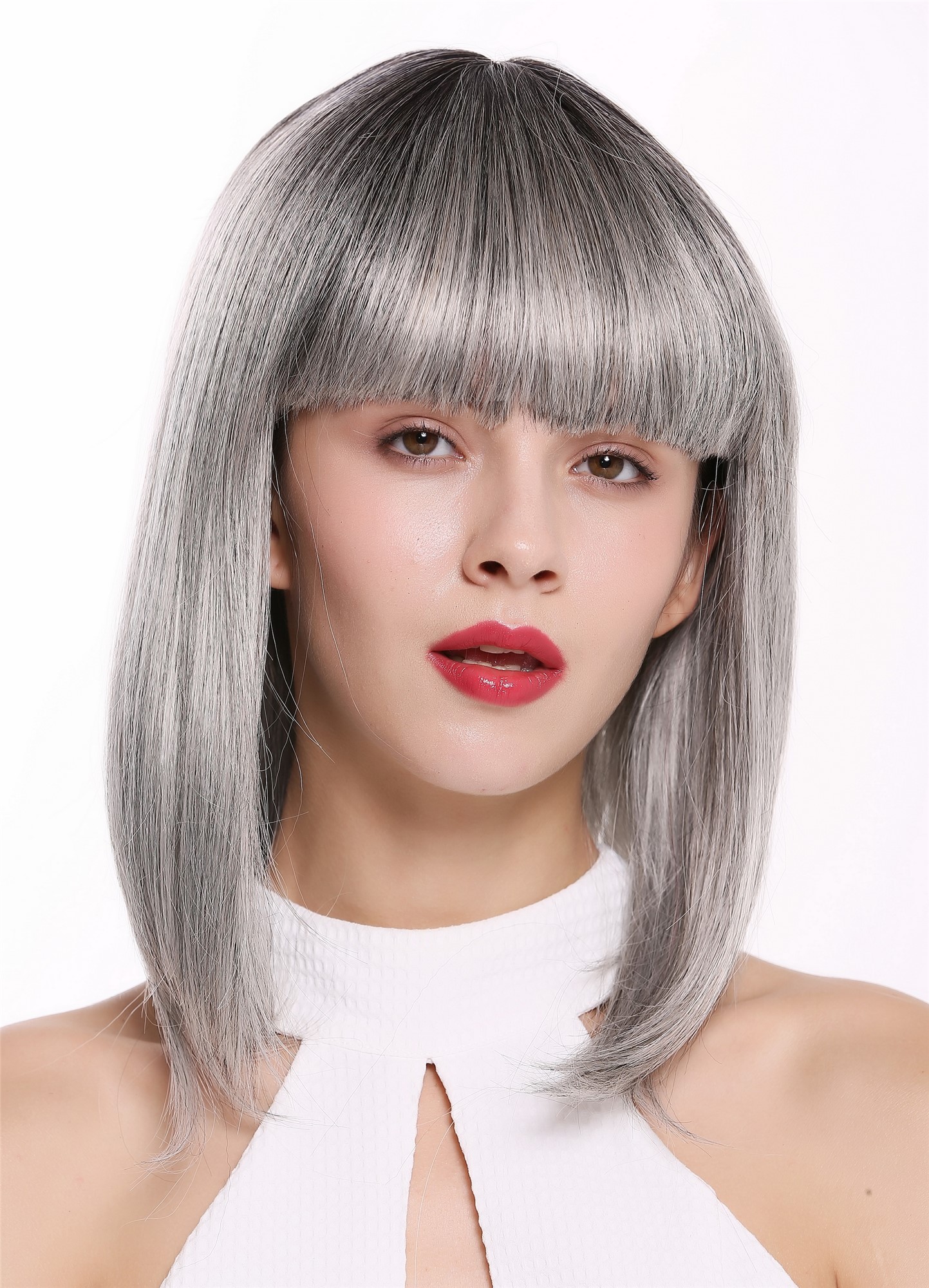 hochwertige Qualitätsperücken, Perücke kurz Longbob Pony Ombre Schwarz Grau DY46A-YS1+51, Ansicht 3, WIG ME UP: Ihr Perücken Online Shop glatte Tressen-Perücke mit Kopfhaut-Imitat Grau-Schwarz schulterlange Haare für Damen