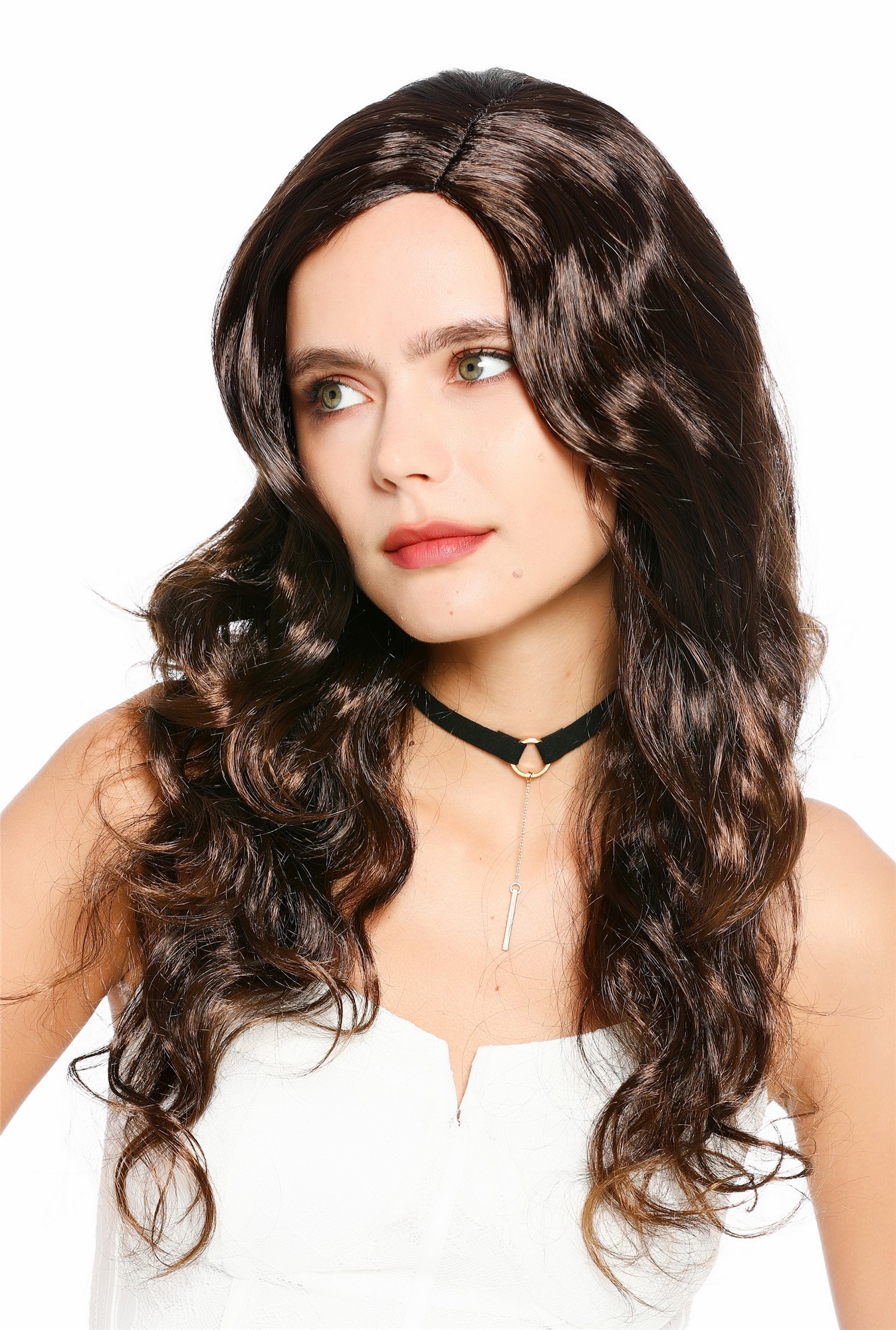 wellige Party-Perücke Kupferbraun-Schwarz-Mix 60 cm lange Perücke für Damen