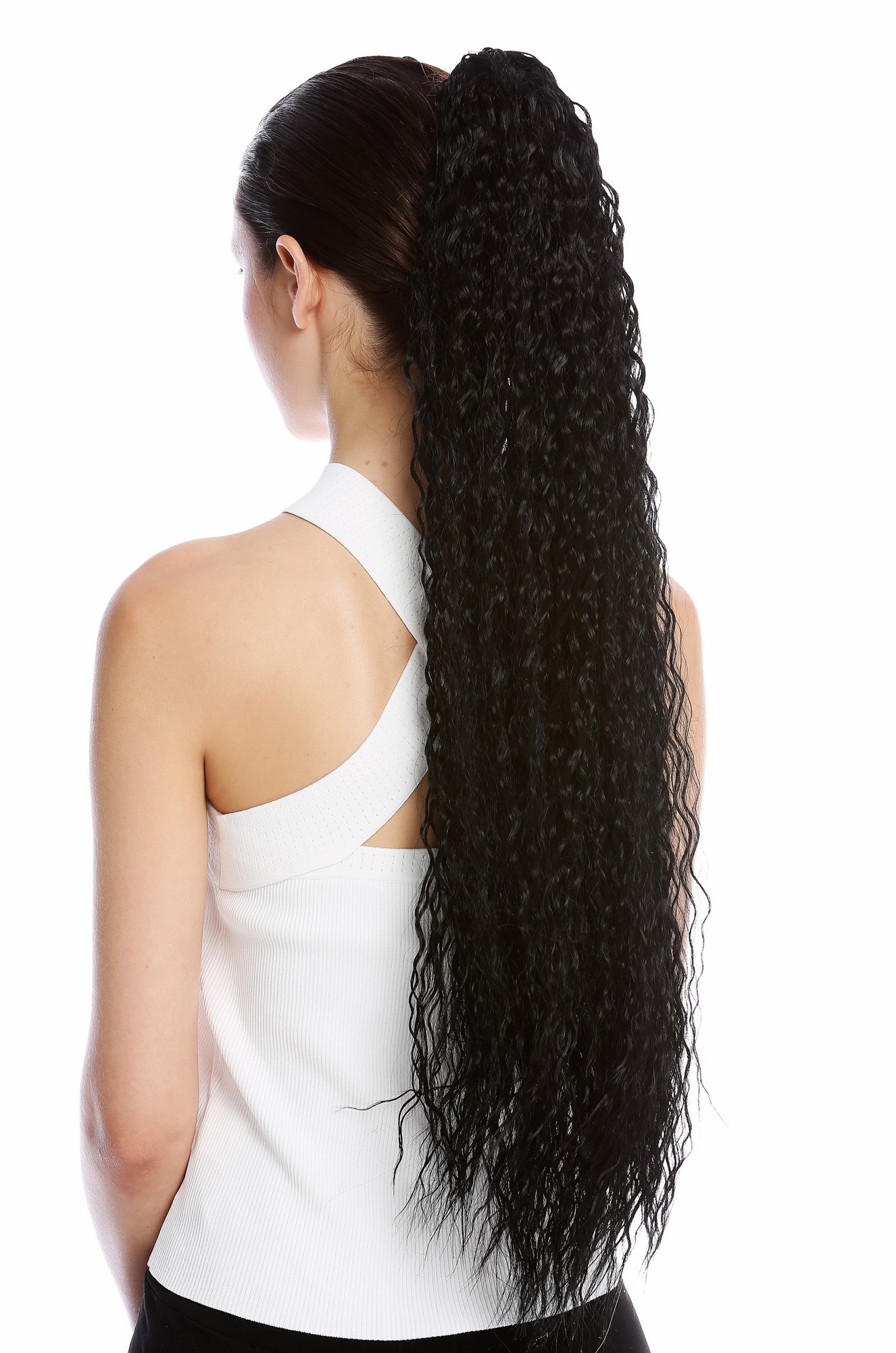 hochwertiger Zopf Pferdeschwanz Extrem Lang Voluminös Krepplocken Schwarz N857-V-1, Vorderansicht, WIG ME UP: Ihr Perücken Online Shop lockiges Zopf-Haarteil Schwarz 75 cm lang