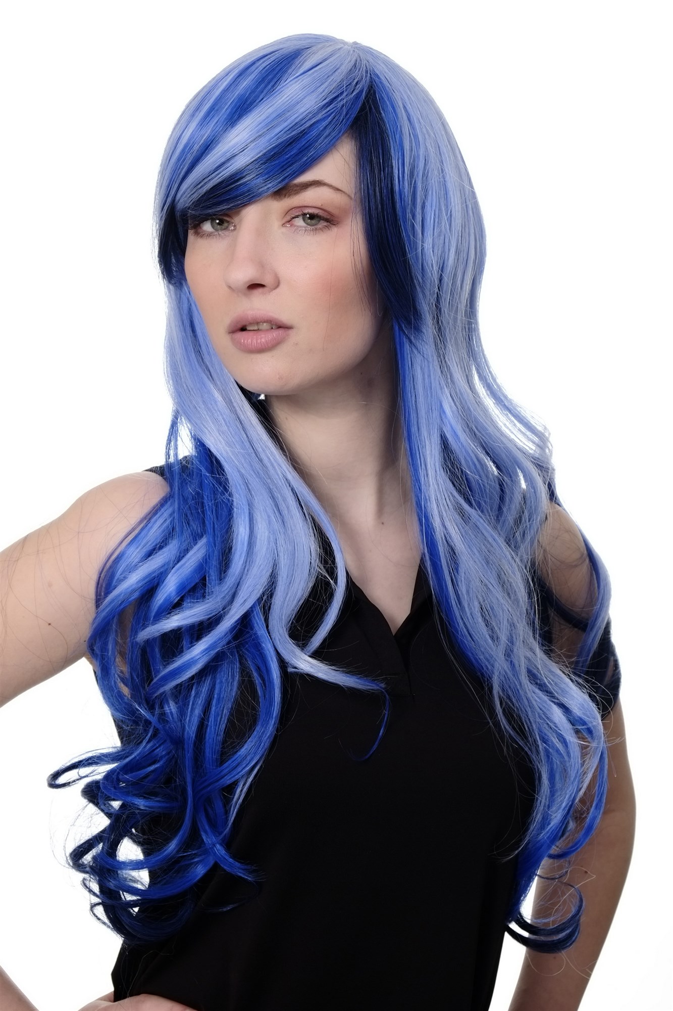 hochwertige Qualitätsperücken, Perücke Cosplay Emo Blau durchsträhnte lange gewellte Haarpracht 2307-2217YE, Vorderansicht, WIG ME UP: Ihr Perücken Online Shop wellige Tressen-Perücke Schwarz-Hellblau-Mix lange Haare für Damen