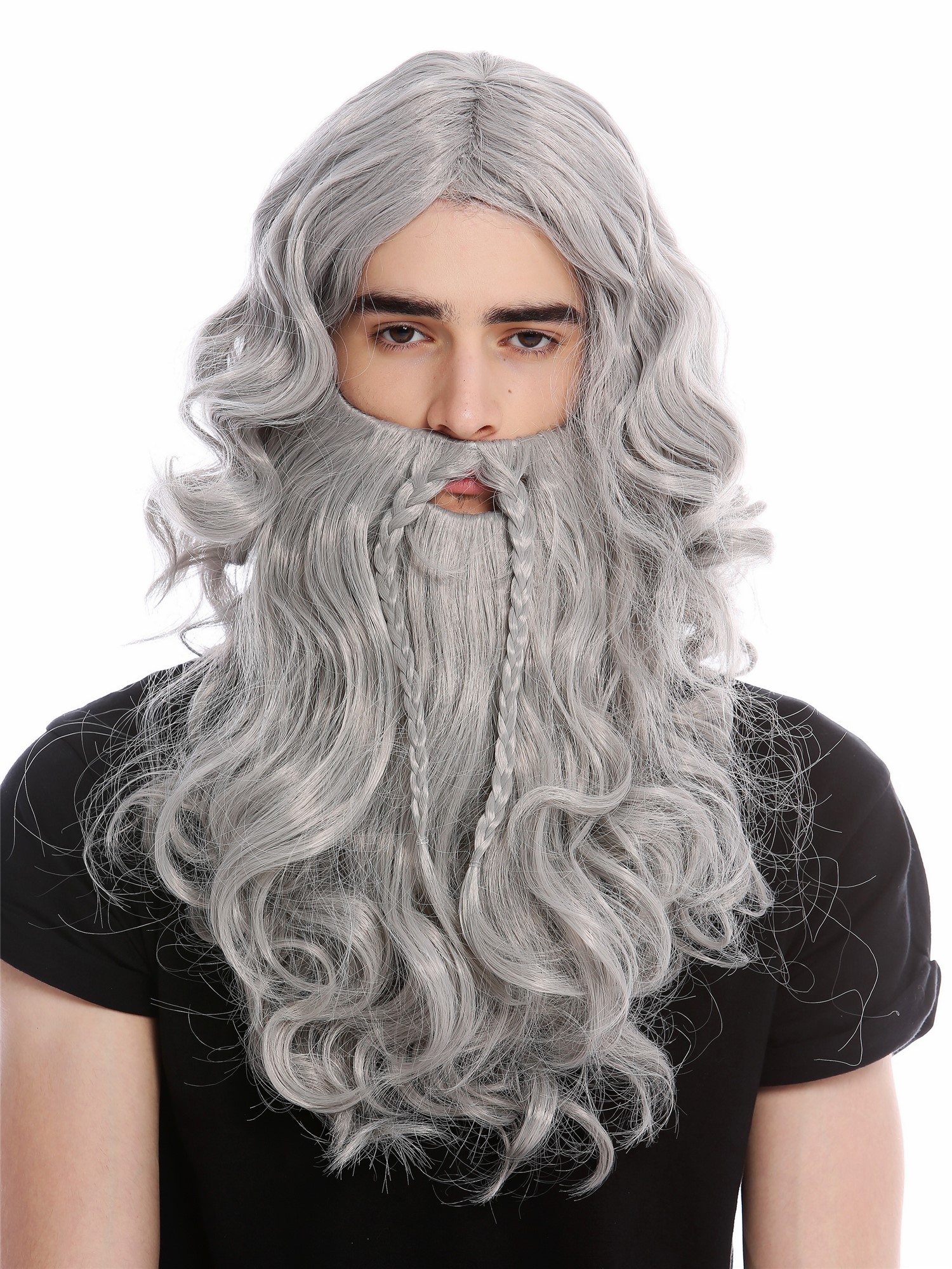 Wig Beard Set braided long wild Viking Barbarian Dwarf Grey Gray 90760-A+B, view 2, WIG ME UP: Your Perücken Online Shop Party Wig, Men, Grey, Braided, long