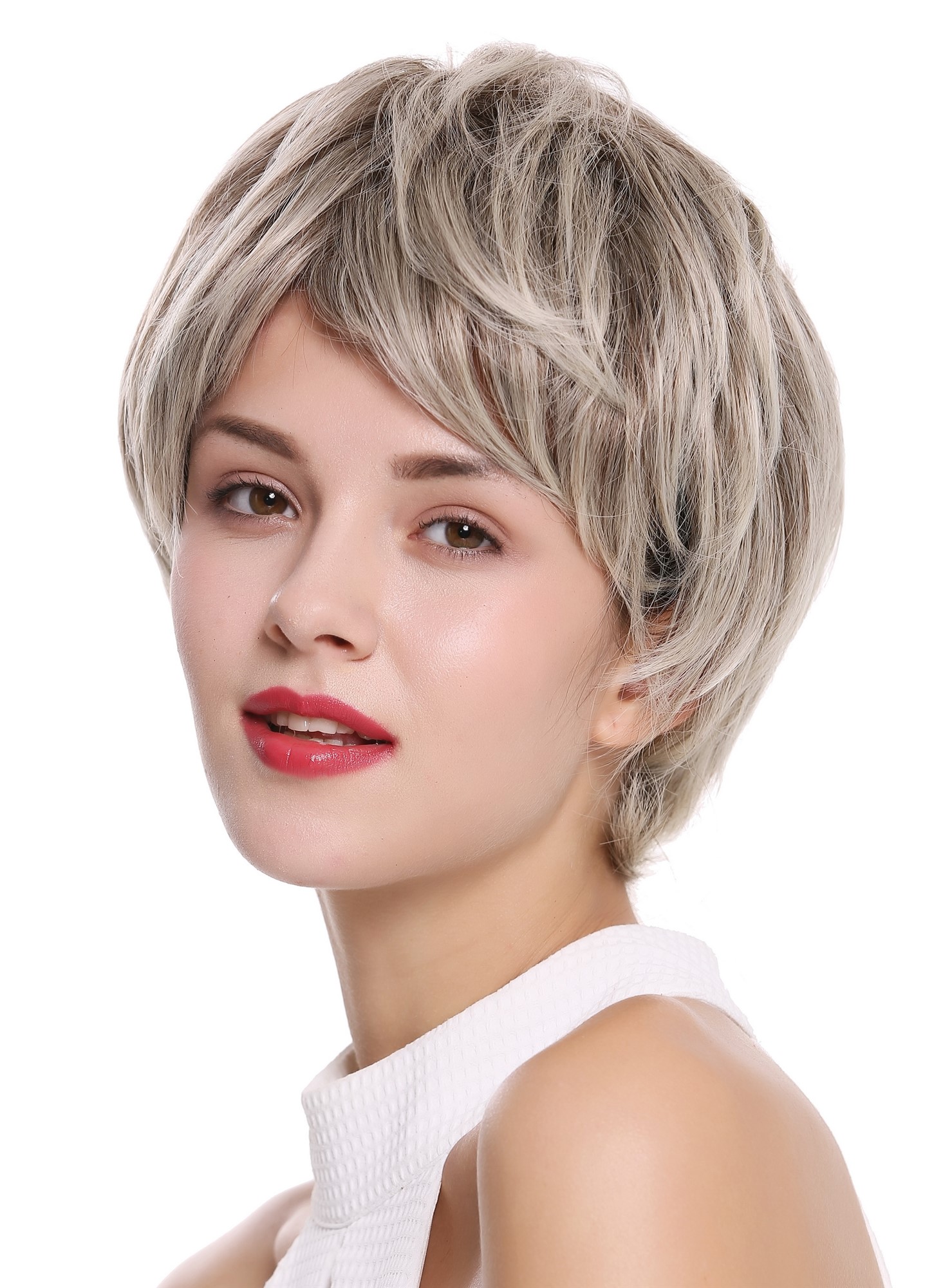 hochwertige Qualitätsperücken, Perücke kurz glatt Hellblond-Rehbraun-Mix gesträhnt IRIS-859T, Ansicht 3, WIG ME UP: Ihr Perücken Online Shop glatte Tressen-Perücke Hellblond-Rehbraun-Mix kurze Haare für Damen