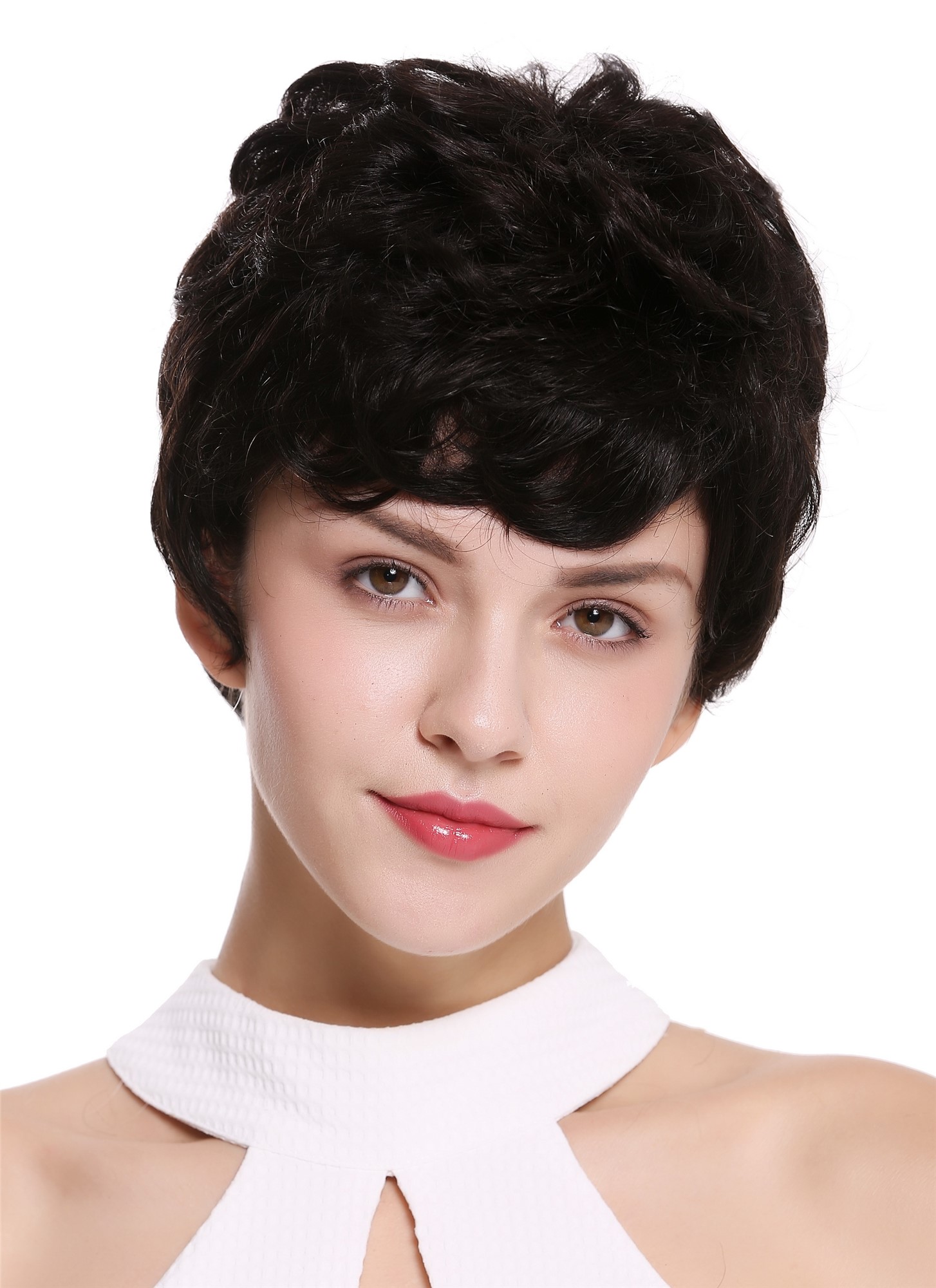 hochwertige Qualitätsperücken, Perücke Echthaar Herren Damen kurz Dunkelbraun natur NG-HH-13-0, Vorderansicht, WIG ME UP: Ihr Perücken Online Shop wellige Tressen-Perücke 100% Echthaar natur, ungefärbt kurze Haare für Unisex