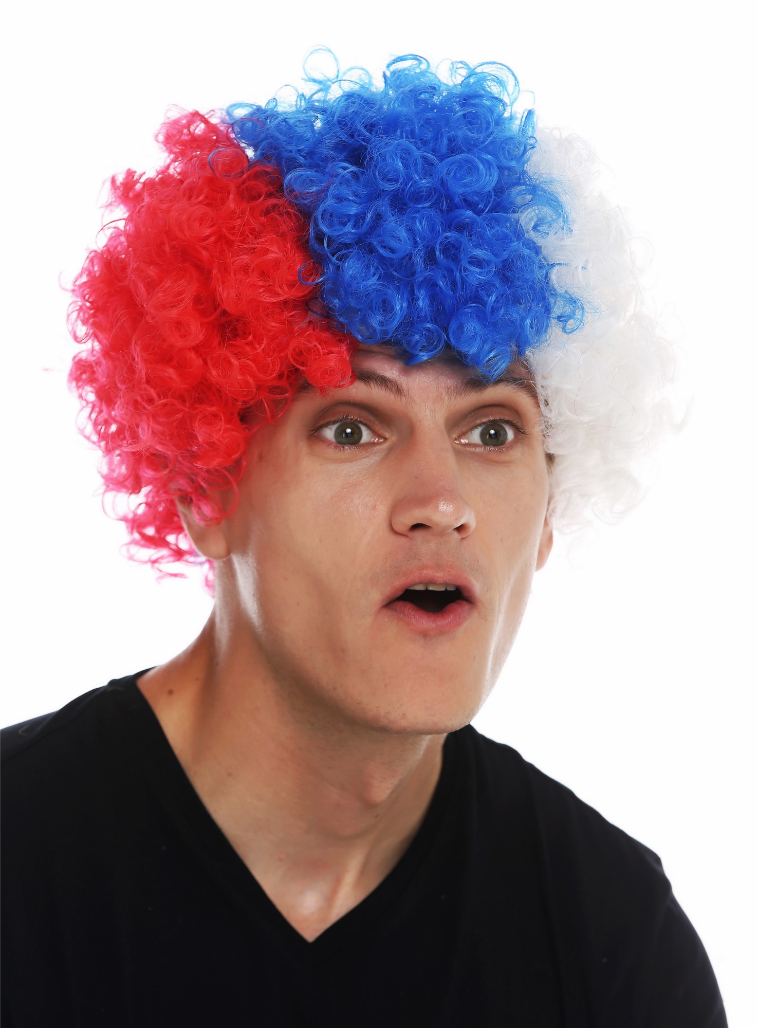 günstige Party Perücke, Perücke Afro Clown Rot Blau Weiß MMAM-15M-K120B+K2079+K06, Ansicht 3, WIG ME UP: Ihr Perücken Online Shop lockige Party Perücke Rot-Blau-Weiß-Mix kurze Haare Unisex