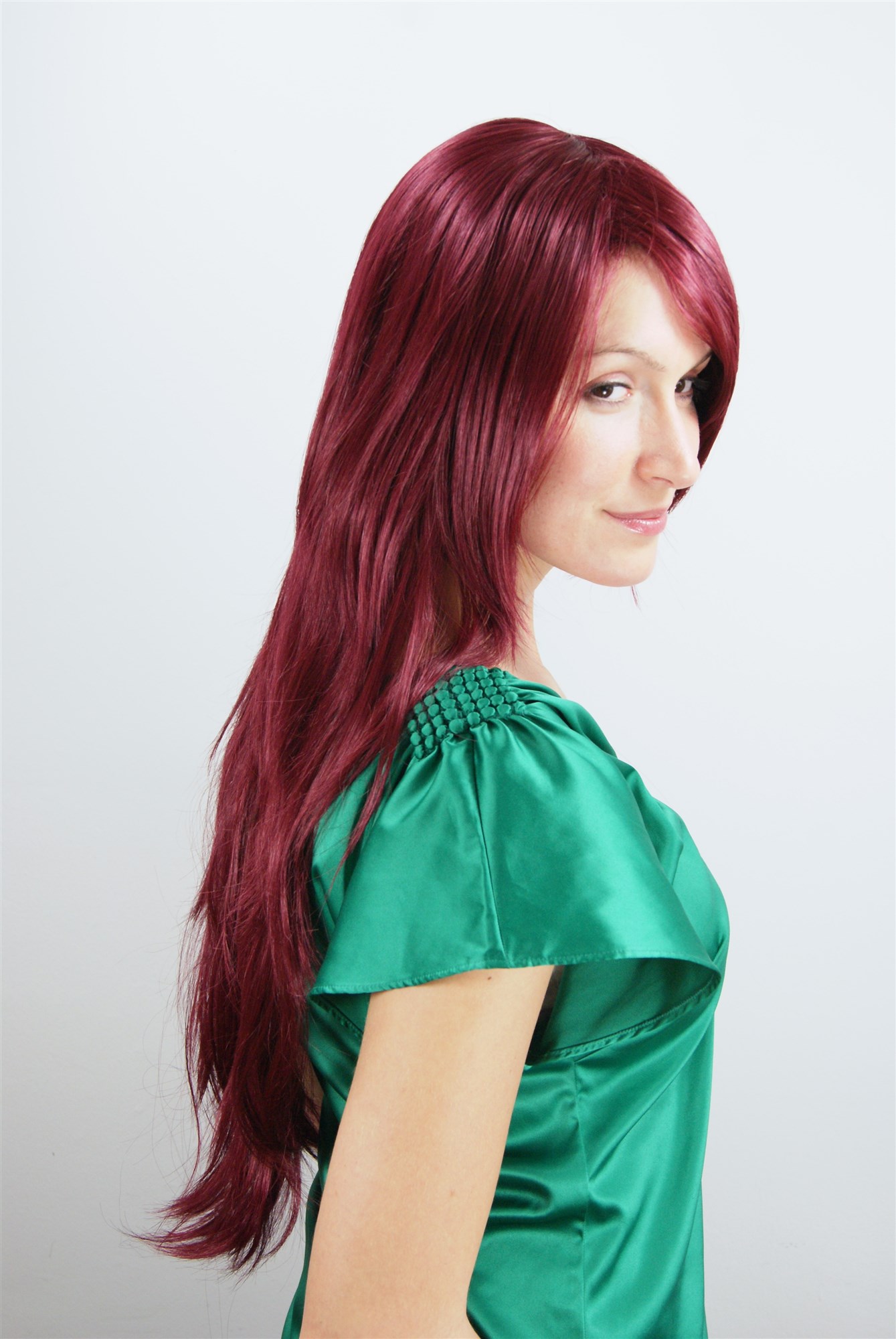 Lady wig medium length long fringe worn to side straight layered garnet red 3110, view 3, WIG ME UP: Your Perücken Online Shop Quality Wigs, Ladies, Red, straight, long