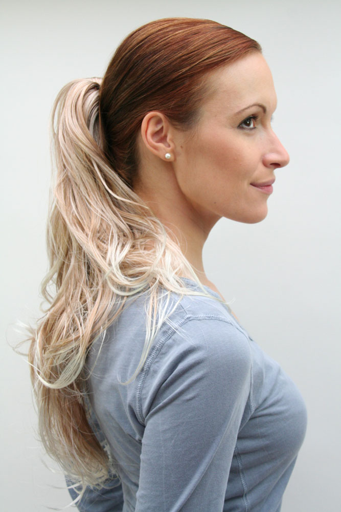 Ponytails, strawberry blonde-platinum blonde mix, wavy, long