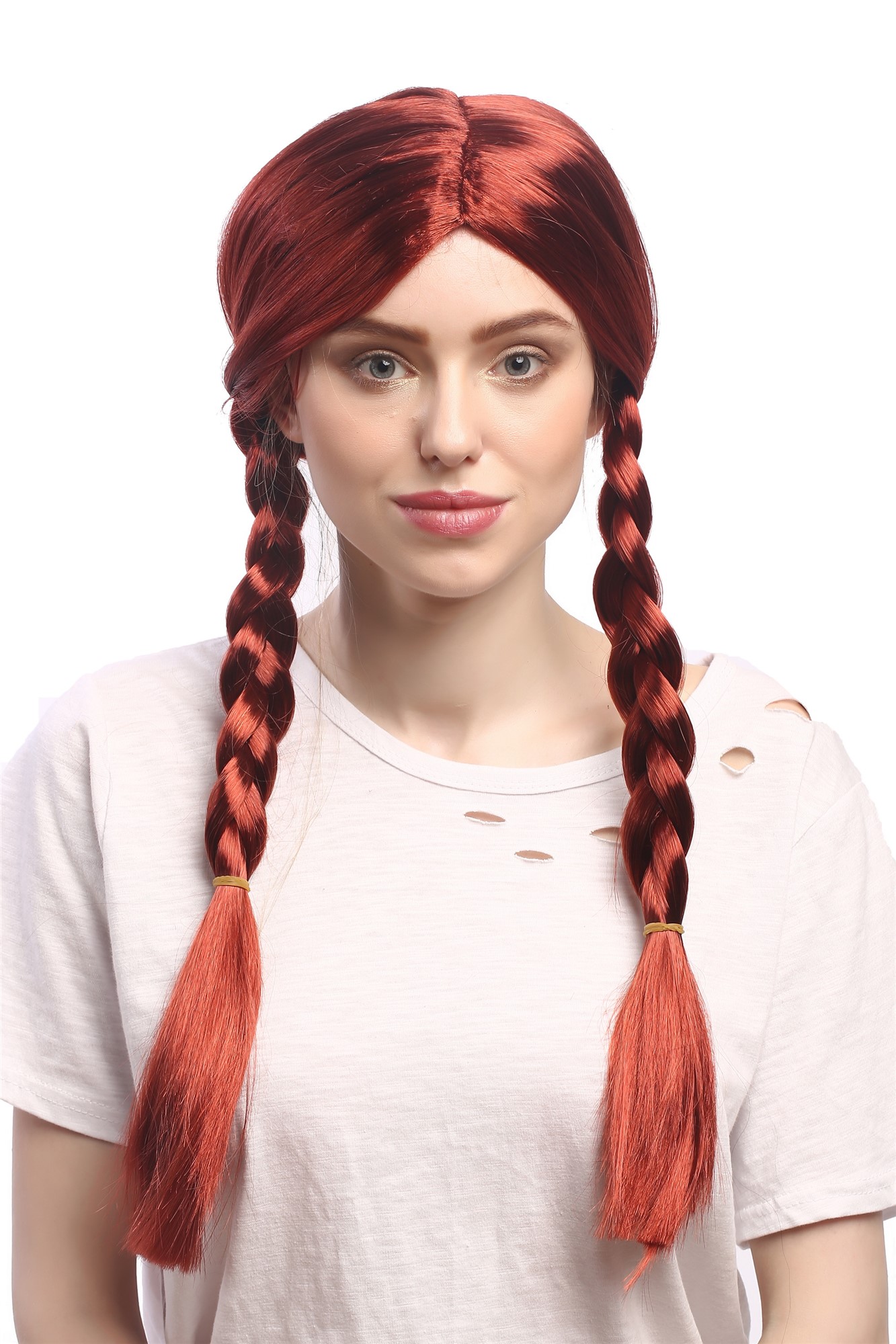 Lady Party Wig Halloween long braided pigtails middle parting copper red WG-7039, front view, WIG ME UP: Your Perücken Online Shop Party Wig, Ladies, Red, Braided, long