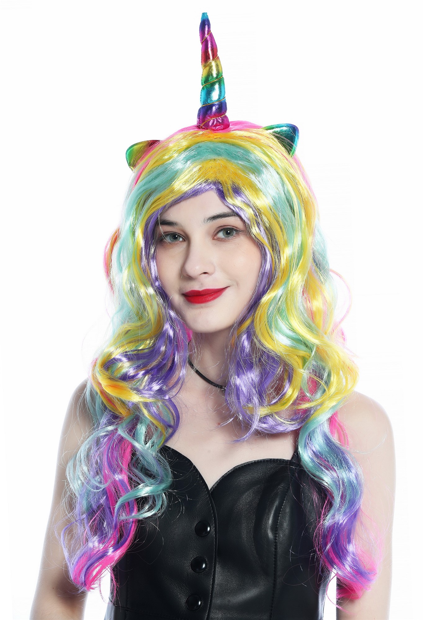 günstige Party Perücke, WIG ME UP - CW-012 Perücke Karneval Fasching Einhorn Regenbogen Farben Bunt lang Locken, Vorderansicht, WIG ME UP: Ihr Perücken Online Shop lockige Party Perücke Rosa, Gelb, Mint, Lila lange Haare für Damen