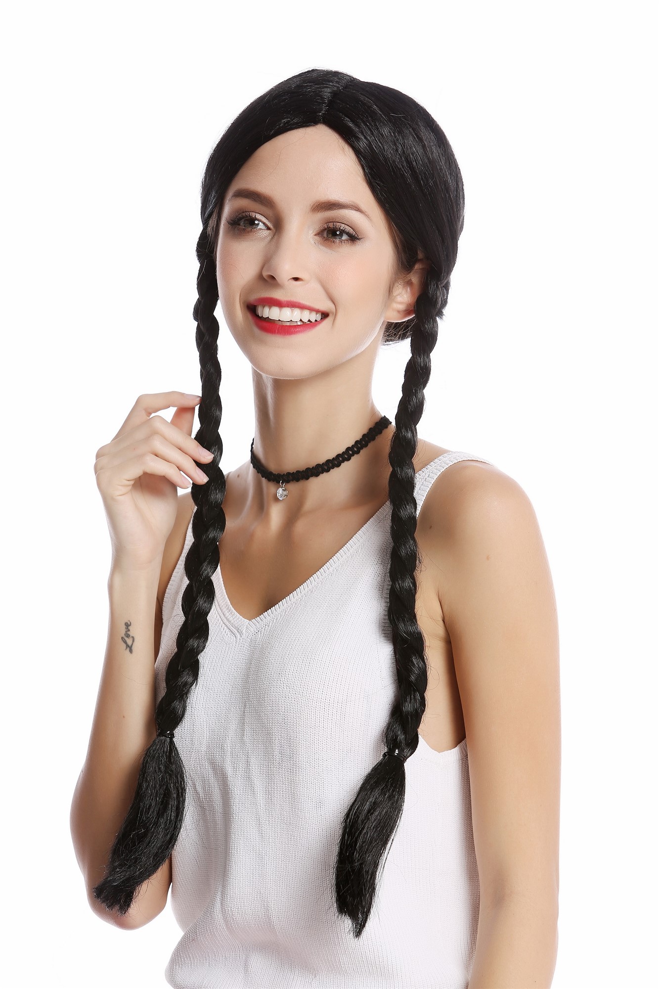 Lady Wig Women black long plaited braids middle-parting Lolita Schoolgirl 90835, front view, WIG ME UP: Your Perücken Online Shop Party Wig, Ladies, Black, Braided, long