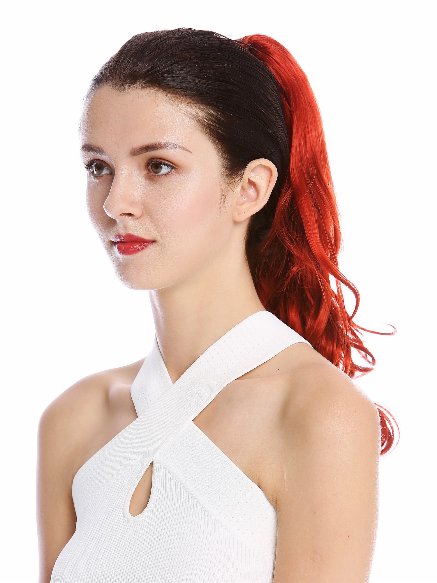 Ponytails, fire red, wavy, shoulder-length