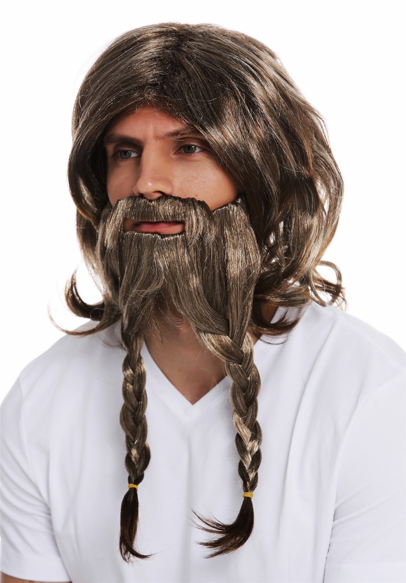 Wig & beard Halloween men viking German barbarian brown tangled plait 70774, front view, WIG ME UP: Your Perücken Online Shop Party Wig, Men, medium brown-light blonde mix, Braided, shoulder-length