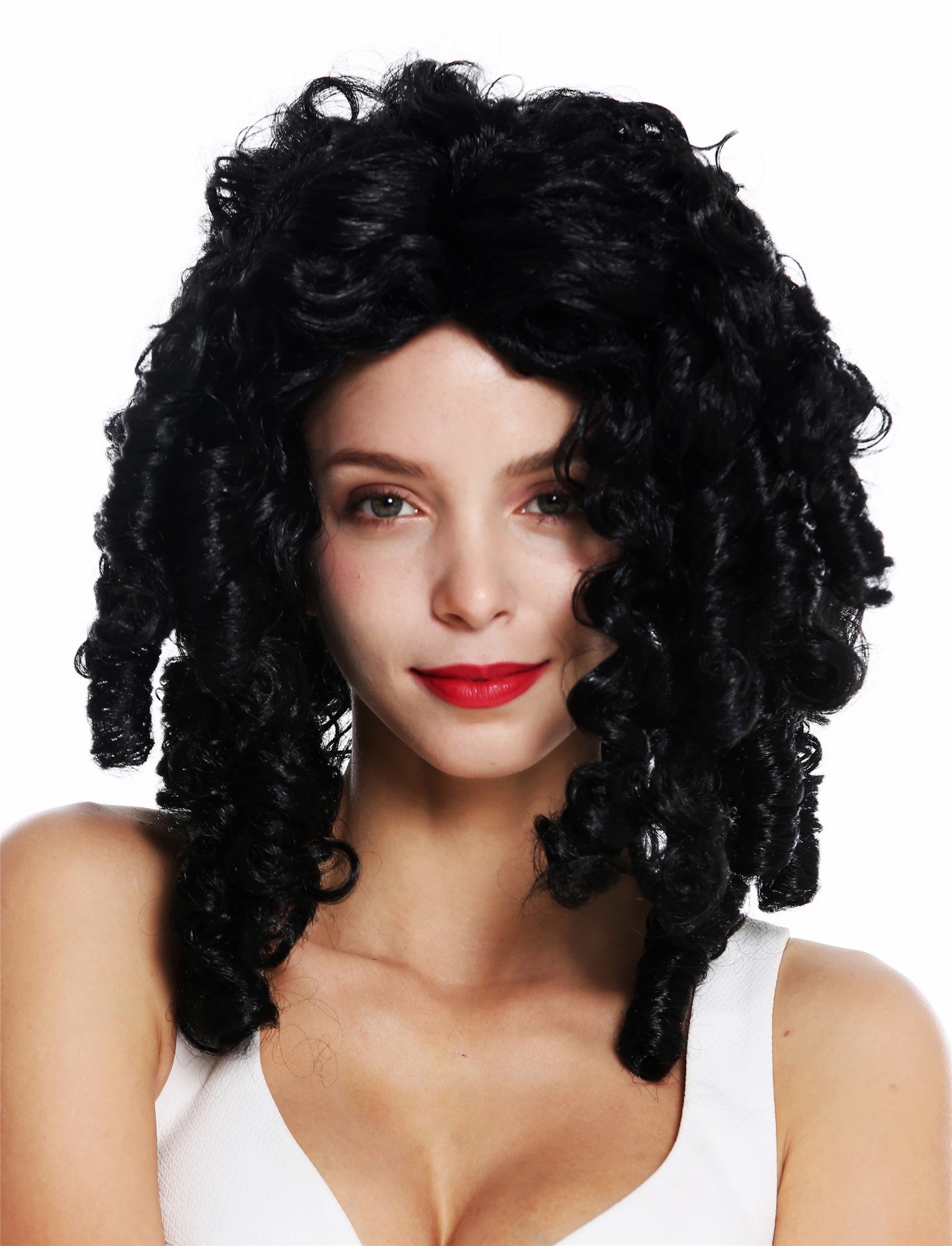 Lady party wig Halloween Baroque Gothic Lolita ringlets curls long black 91056, front view, WIG ME UP: Your Perücken Online Shop Party Wig, Ladies, Black, curled, long
