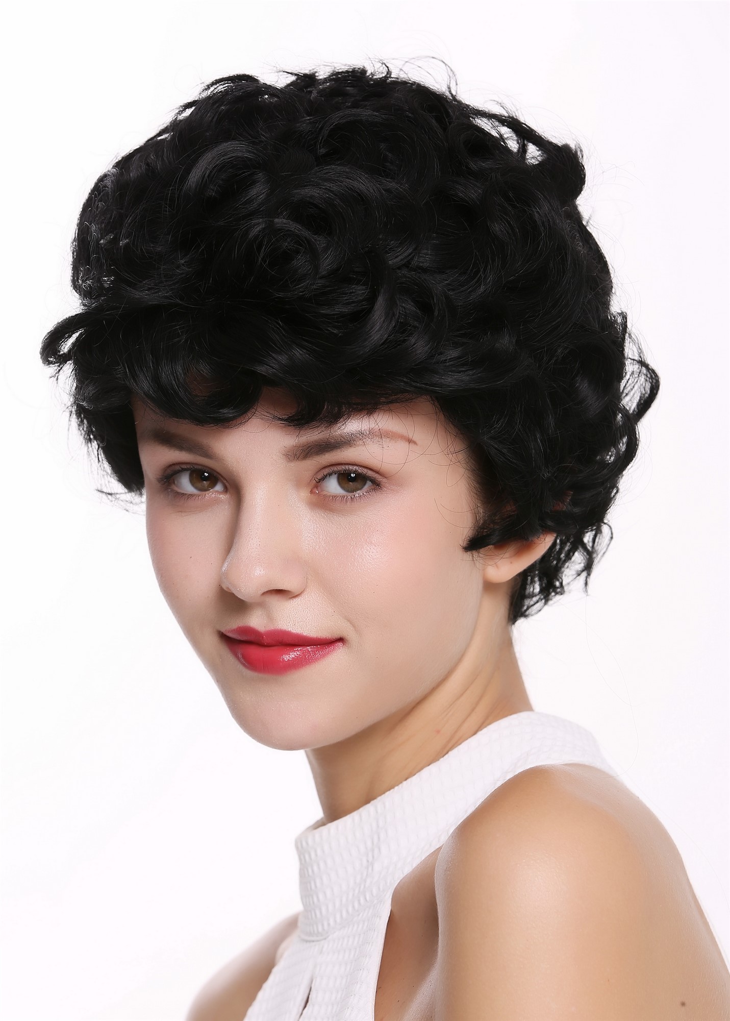 hochwertige Qualitätsperücken, Perücke kurz Locken gelockt Schwarz DW-2740-1, Ansicht 3, WIG ME UP: Ihr Perücken Online Shop lockige Tressen-Perücke Schwarz kurze Haare für Damen