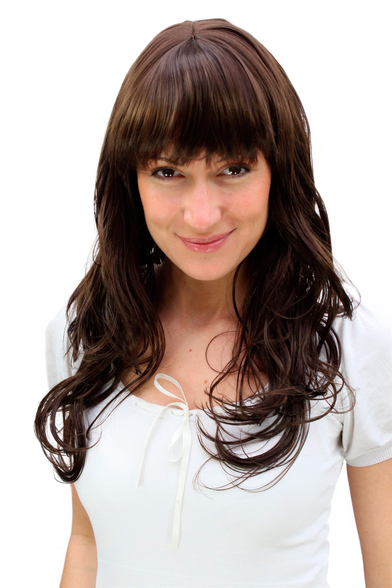 Lady women wig long cute fringe straight wavy tips brown 3222, front view, WIG ME UP: Your Perücken Online Shop Quality Wigs, Ladies, Brown, wavy, long