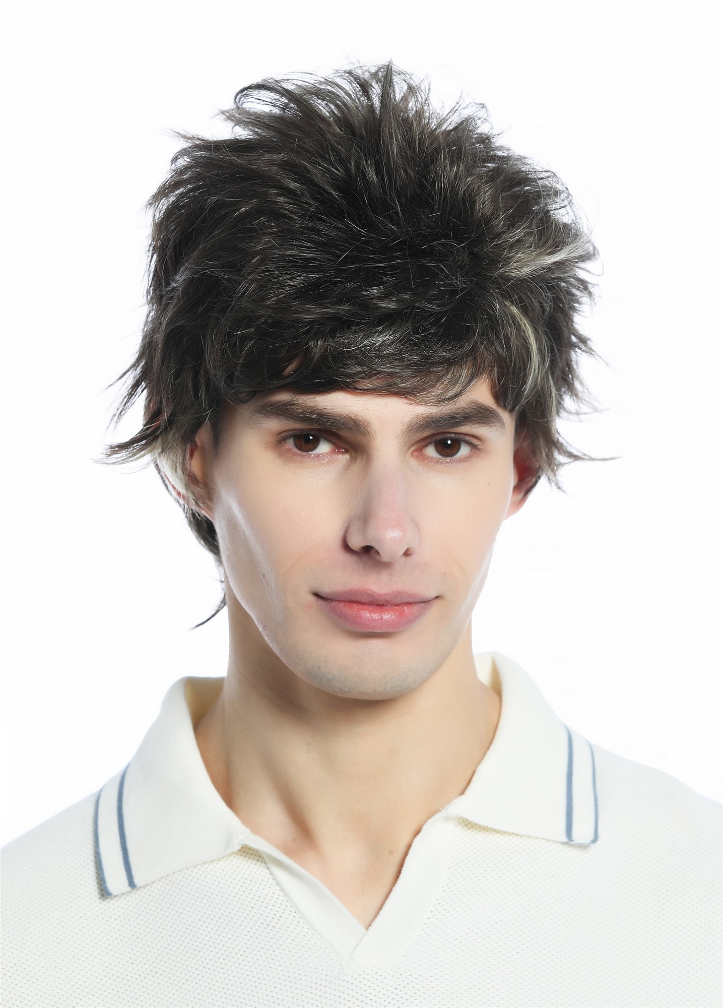 hochwertige Qualitätsperücken, Perücke kurz wild retro 80er toupiert wie ungekämmt Braun Blond gesträhnt M-252A-8H26, Vorderansicht, WIG ME UP: Ihr Perücken Online Shop glatte Tressen-Perücke Aschbraun Lichtblond gesträhnt kurze Haare für Unisex