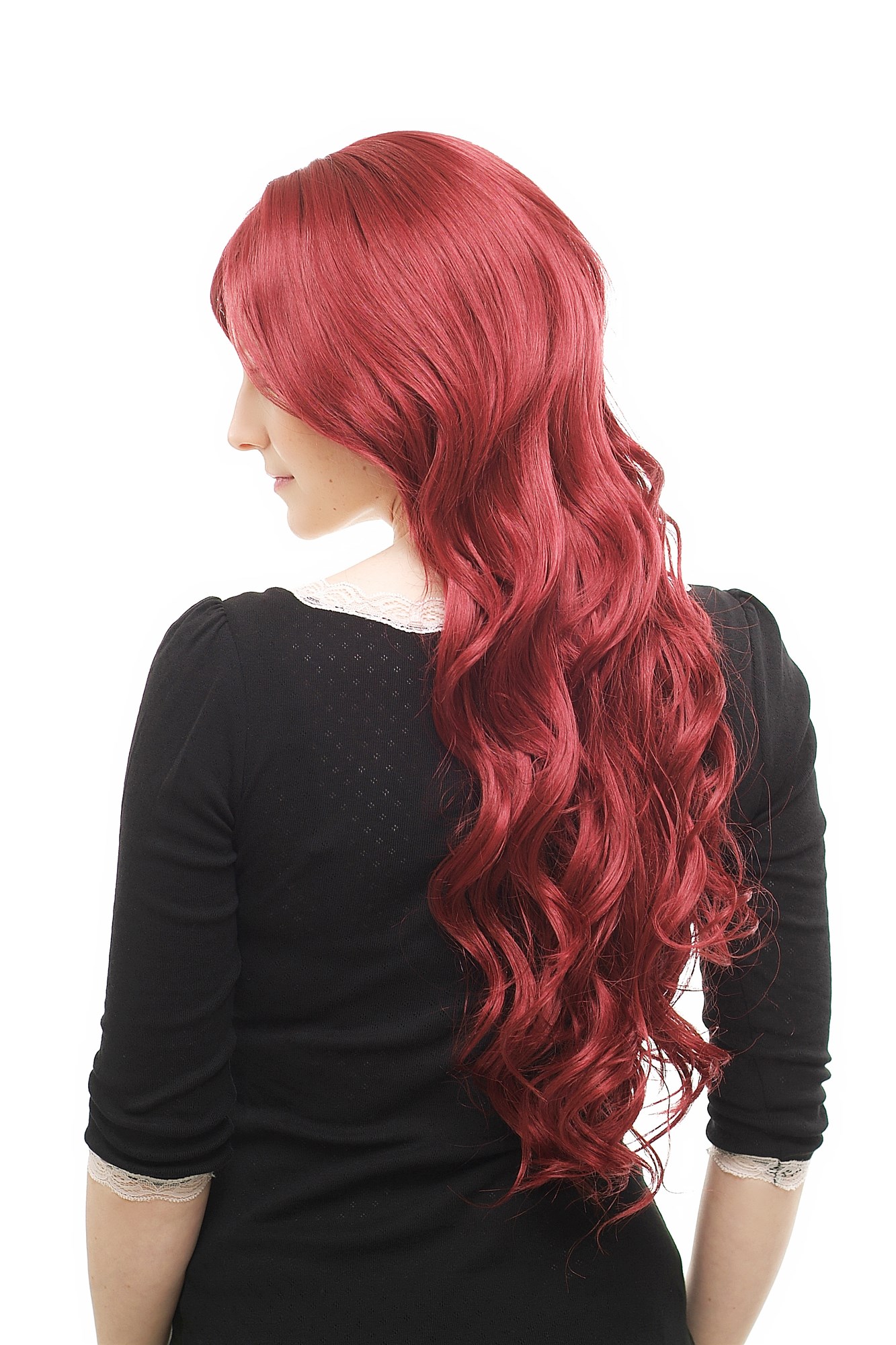 hochwertige Qualitätsperücken, Perücke lange Haare Scheitel aubergine-rot wet-look 9321L-39, Ansicht 4, WIG ME UP: Ihr Perücken Online Shop lockige Tressen-Perücke mit Kopfhaut-Imitat Rot sehr lange Haare für Damen