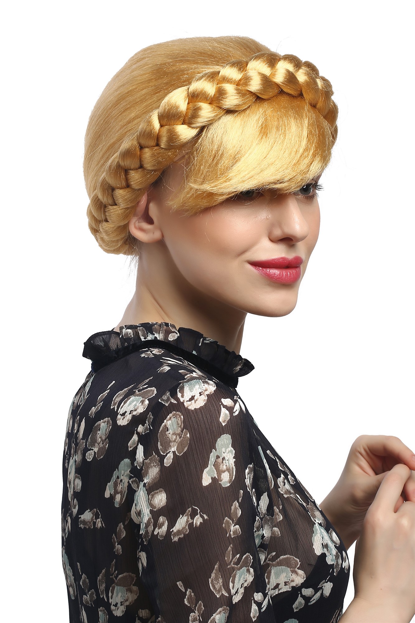 Lady Party Wig Fancy Dress blond long braided hir hairbun Russia Eastern Europe folk traditional, front view, WIG ME UP: Your Perücken Online Shop Party Wig, Ladies, Blonde, Braided, short