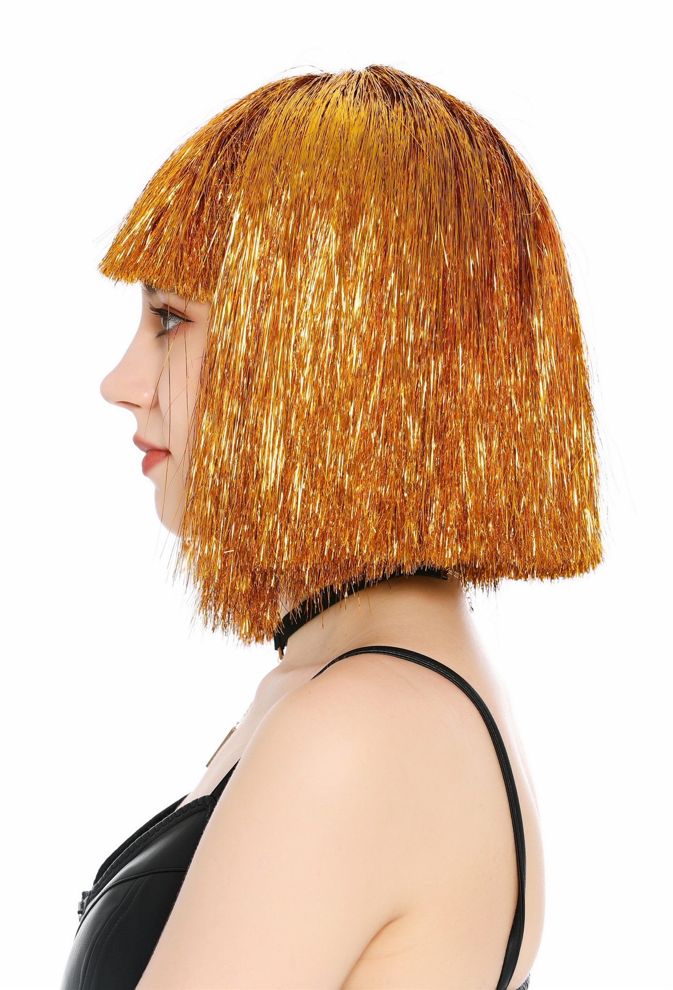 Perücke Damen Glitzer Lametta Tinsel Look Longbob Pony Disco Glam Gold VK-42-TN9