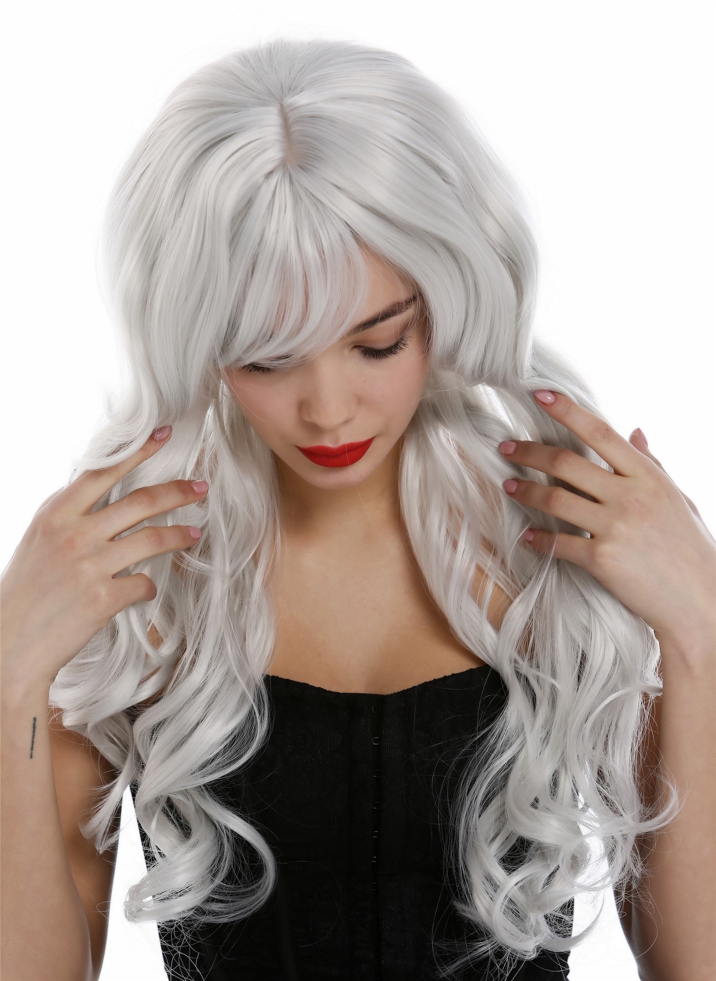 hochwertige Qualitätsperücken, Perücke lang wallendes Haar wellig leicht lockig Grau Weißgrau 9204S-001, Ansicht 6, WIG ME UP: Ihr Perücken Online Shop lockige Tressen-Perücke mit Kopfhaut-Imitat Weißgrau lange Haare für Damen