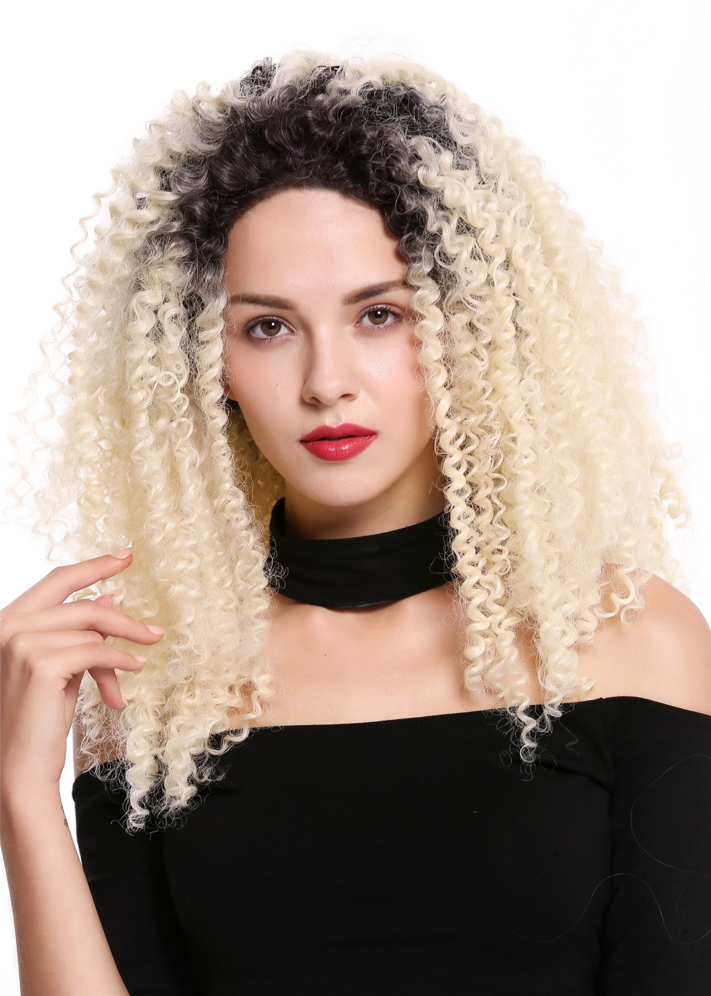 hochwertige Qualitätsperücken, Perücke Lace-Front Monofilament lang voluminös kraus gelockt Locken Ombre Schwarz Blond RSK-03, Vorderansicht, WIG ME UP: Ihr Perücken Online Shop lockige Tressen-Perücke mit Teil-Mono Scheitel, Front-Lace Schwarz,Blond schulterlange Haare für Damen