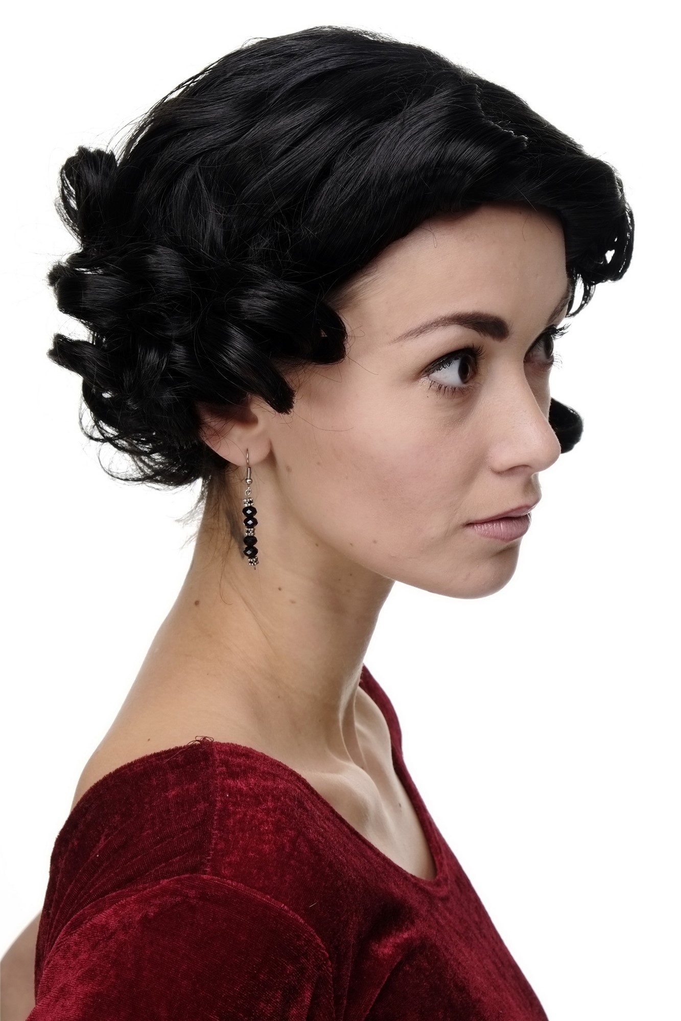 hochwertige Qualitätsperücken, Frauen Perücke 20er Jahre Swing Charleston Schwarz GFW1717-2, Ansicht 3, WIG ME UP: Ihr Perücken Online Shop lockige Tressen-Perücke Schwarzbraun kurze Haare für Damen