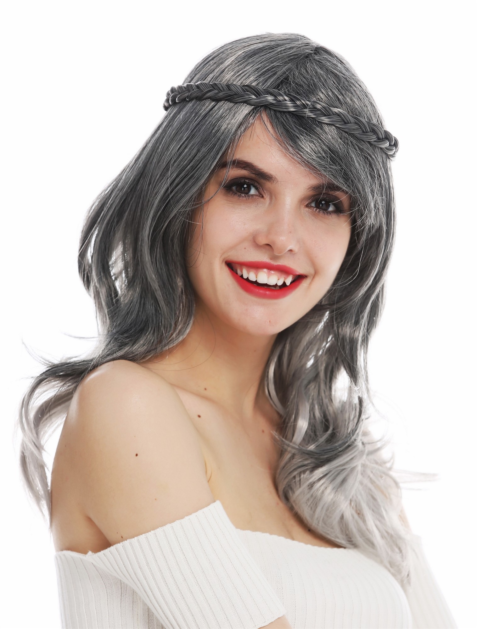 Party Wig, Ladies, dark gray, Braided, short