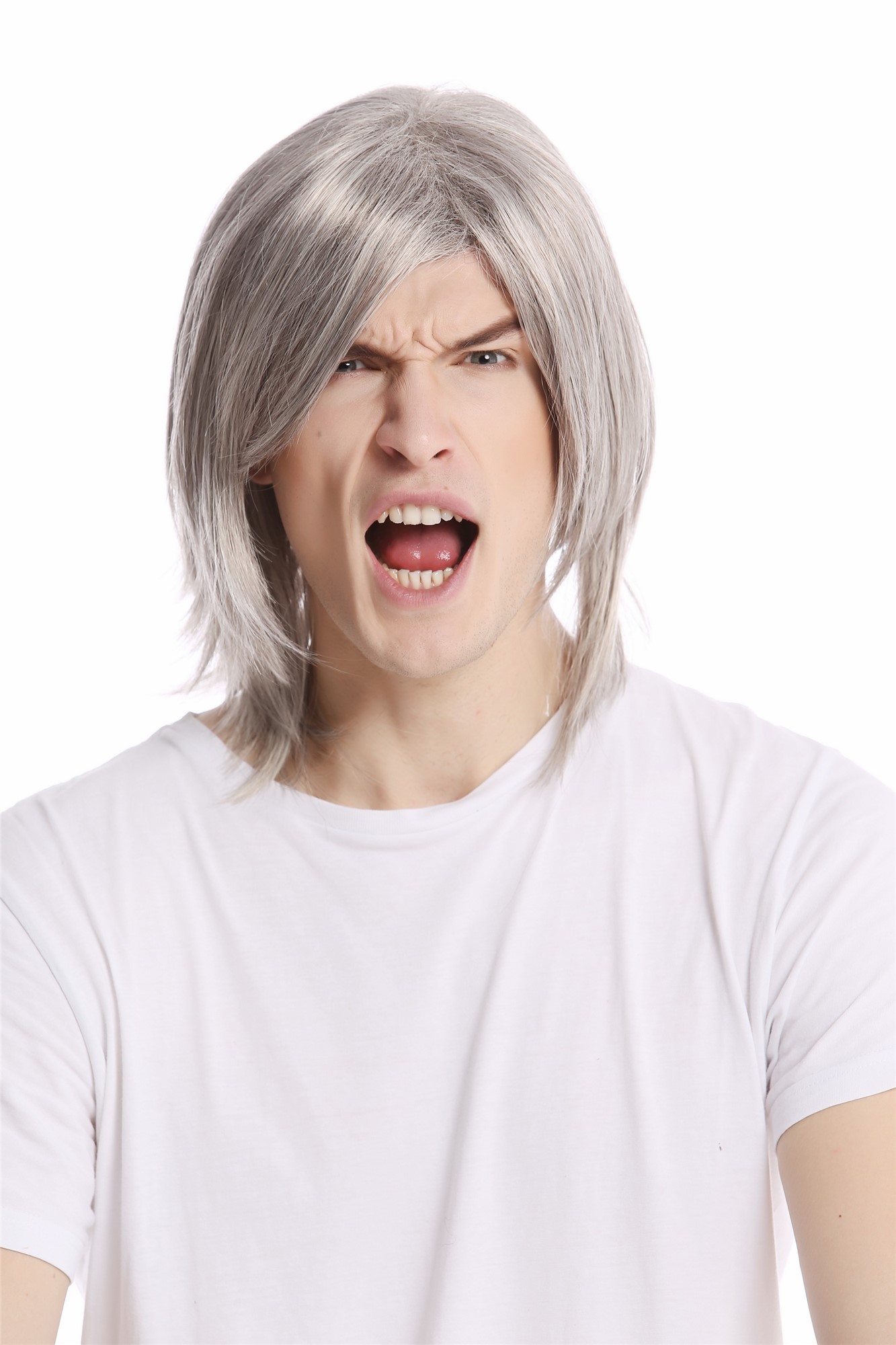 Men Gents Wig long straight middle parting aged rock star youthful modern look silver gray grey, view 2, WIG ME UP: Your Perücken Online Shop Quality Wigs, Men, light gray, straight, shoulder-length