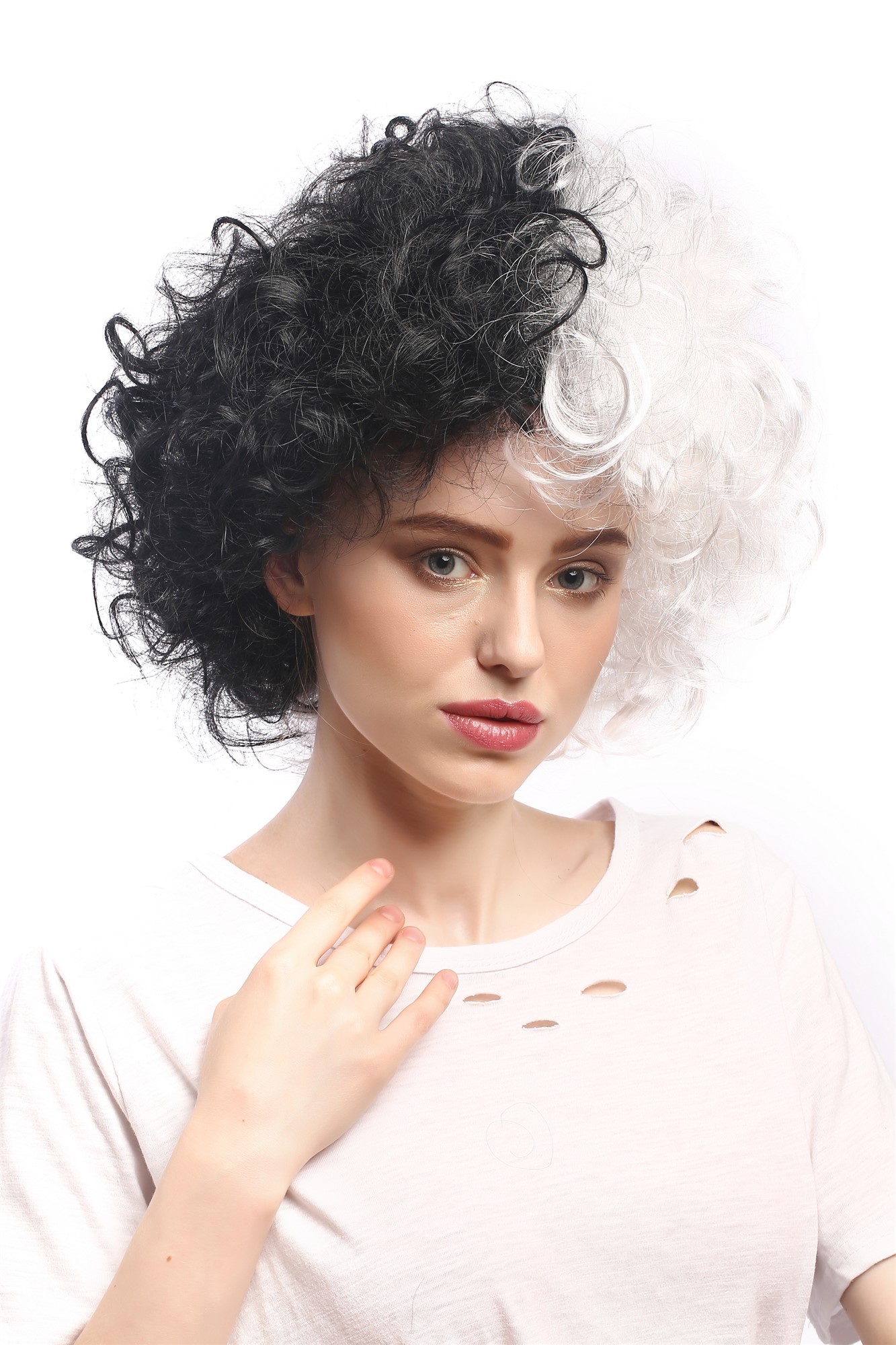 günstige Party Perücke, Perücke Schwarz Weiß Locken Afro 91344-P103-P68, Vorderansicht, WIG ME UP: Ihr Perücken Online Shop lockige Party Perücke Schwarz,Weiß kurze Haare Unisex