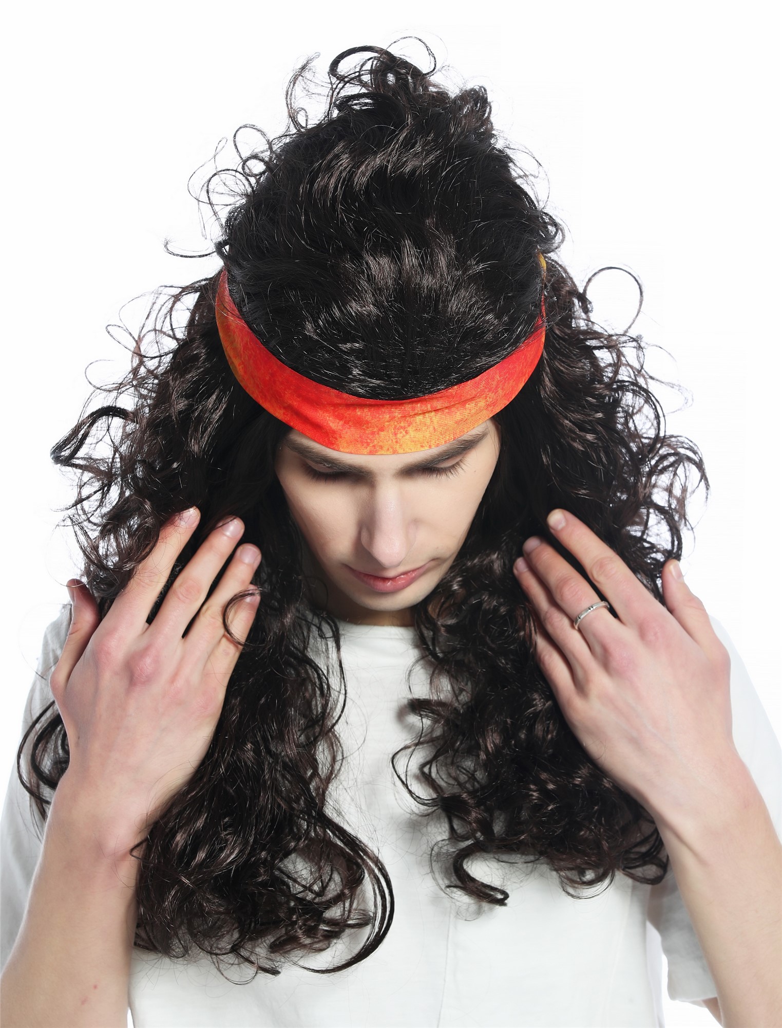 Halloween wig headband set long voluminous brown curled Hippie 70s retro CW-027, view 6, WIG ME UP: Your Perücken Online Shop Party Wig, Unisex, medium brown, curled, long