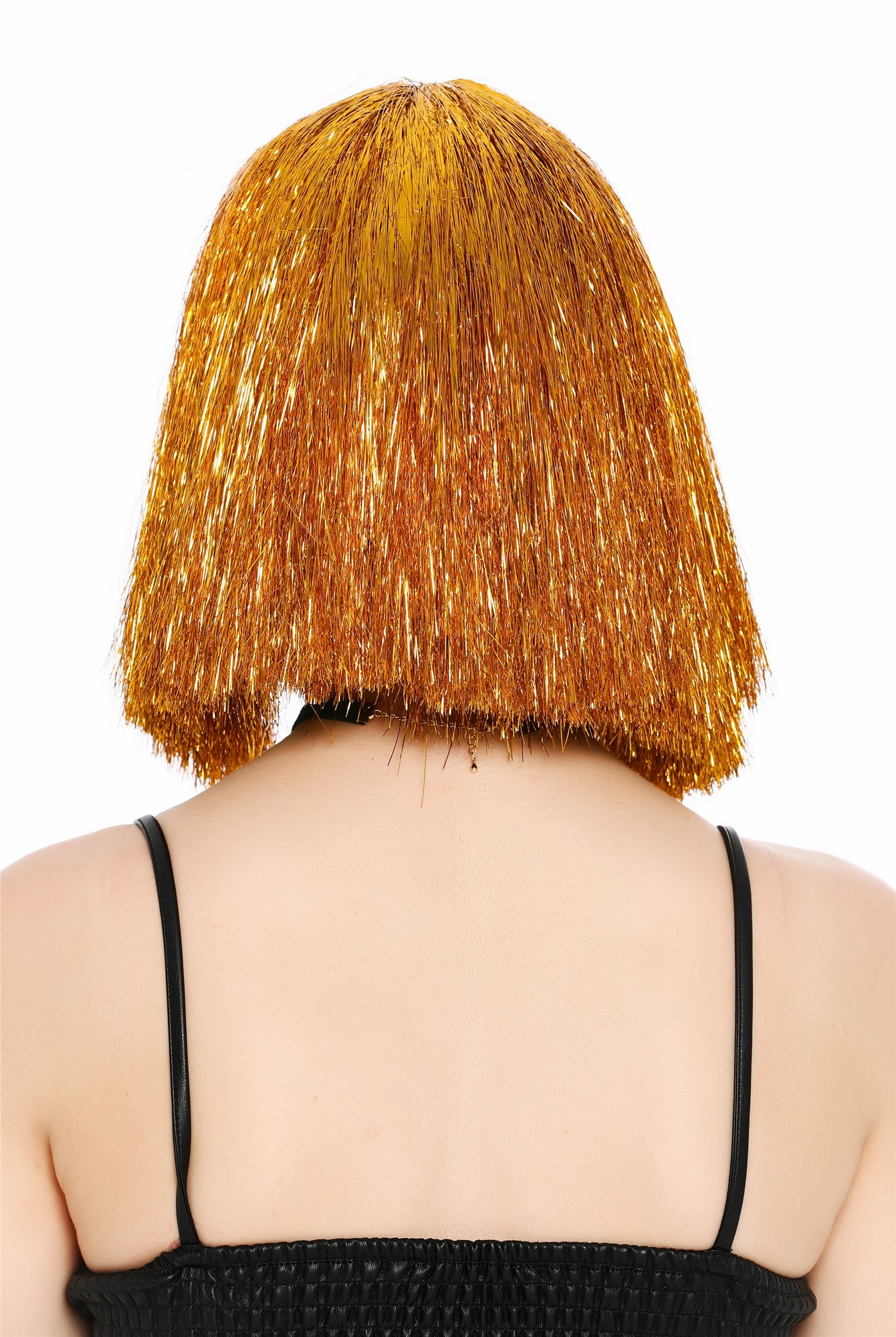 Perücke Damen Glitzer Lametta Tinsel Look Longbob Pony Disco Glam Gold VK-42-TN9
