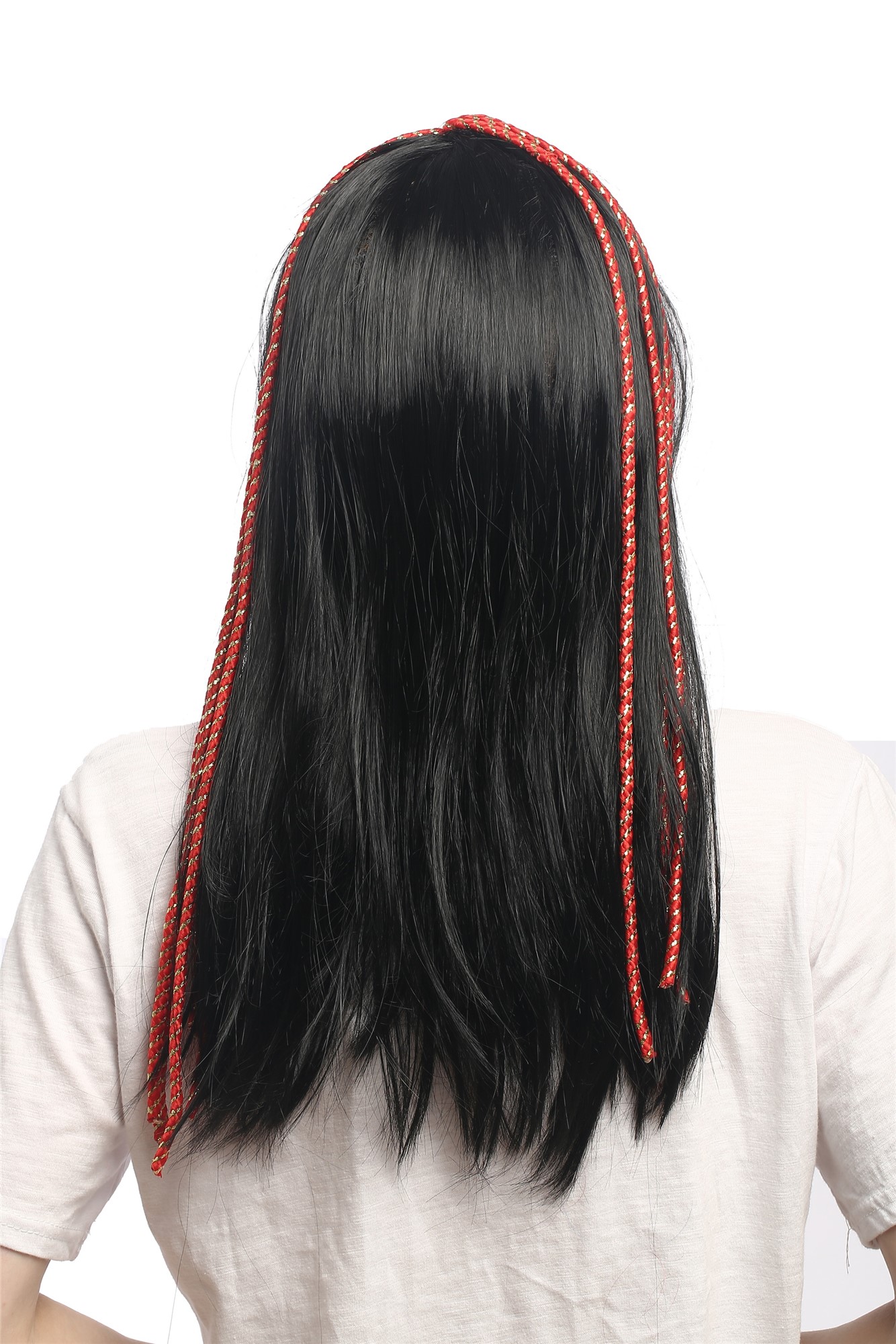 günstige Party Perücke, Perücke 1001 Nacht Hippie Schwarz Zierbänder rot-gold 60327-P103-rope, Ansicht 4, WIG ME UP: Ihr Perücken Online Shop geflochtene Party Perücke Schwarz lange Haare für Damen