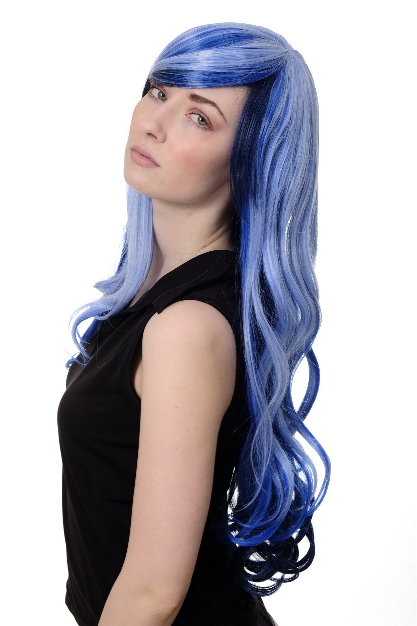 hochwertige Qualitätsperücken, Perücke Cosplay Emo Blau durchsträhnte lange gewellte Haarpracht 2307-2217YE, Ansicht 3, WIG ME UP: Ihr Perücken Online Shop wellige Tressen-Perücke Schwarz-Hellblau-Mix lange Haare für Damen