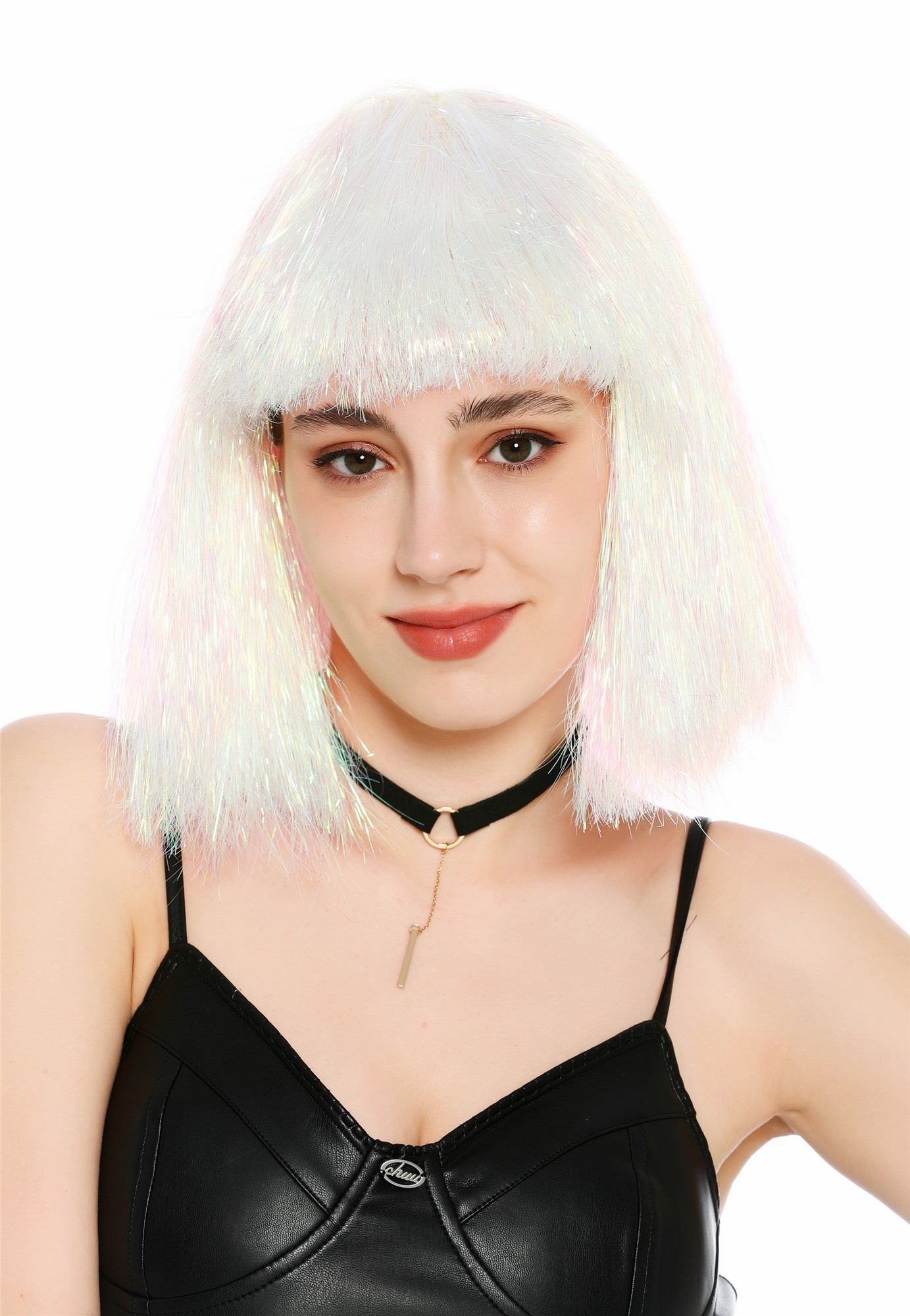 Perücke Damen Glitzer Lametta Tinsel Look Longbob Pony Disco Glam Weiß Rosa VK-42-TN13