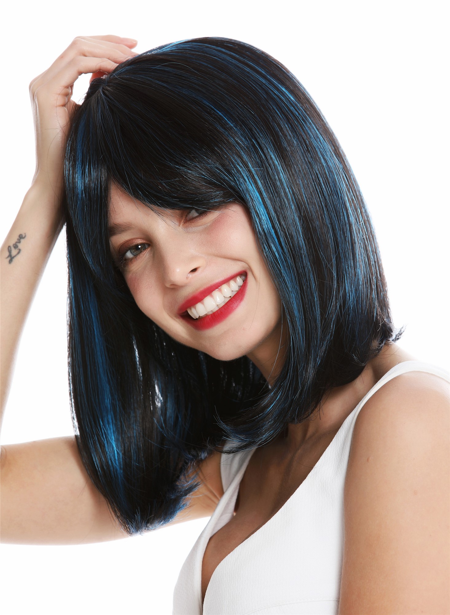 hochwertige Qualitätsperücken, Perücke schulterlang Longbob Balayage schwarz-braun blaue Strähnen VK-3-2HF21, Ansicht 3, WIG ME UP: Ihr Perücken Online Shop glatte Tressen-Perücke mit Kopfhaut-Imitat Schwarz-Blau-Mix schulterlange Haare für Damen