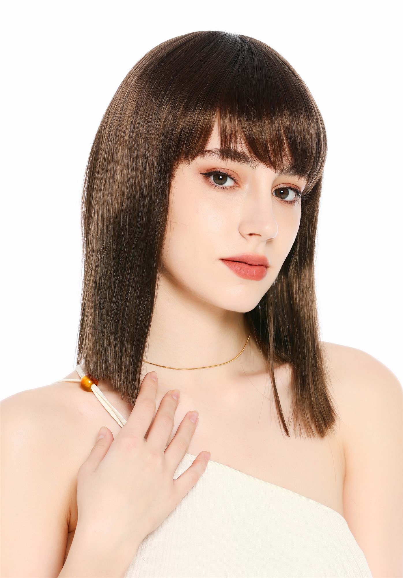 Perücke Damen Longbob glatt schulterlang Pony Clavi-Cut Braun Mittelbraun VK-64-8