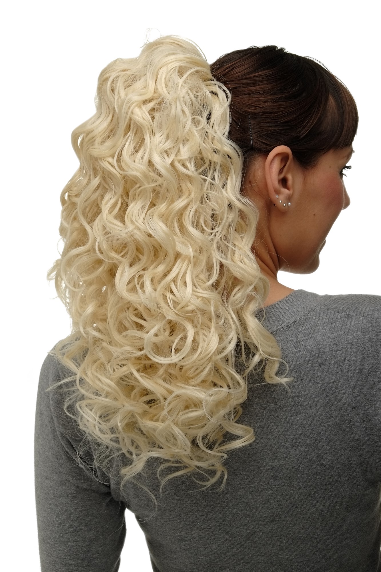 Hairpiece Ponytail with 2 combs/clips & elastic draw string long full curls voluminous platinum, front view, WIG ME UP: Your Perücken Online Shop Ponytails, platinum blonde, curled, shoulder-length