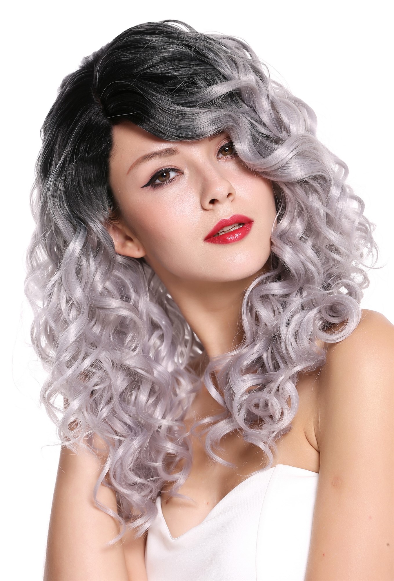 hochwertige Qualitätsperücken, Perücke Locken Volumen Lang Scheitel Ombre Schwarz Grau RGF-6467C-T1B/SILVER, Ansicht 7, WIG ME UP: Ihr Perücken Online Shop lockige Tressen-Perücke mit Kopfhaut-Imitat Schwarz-Silbergrau lange Haare für Damen